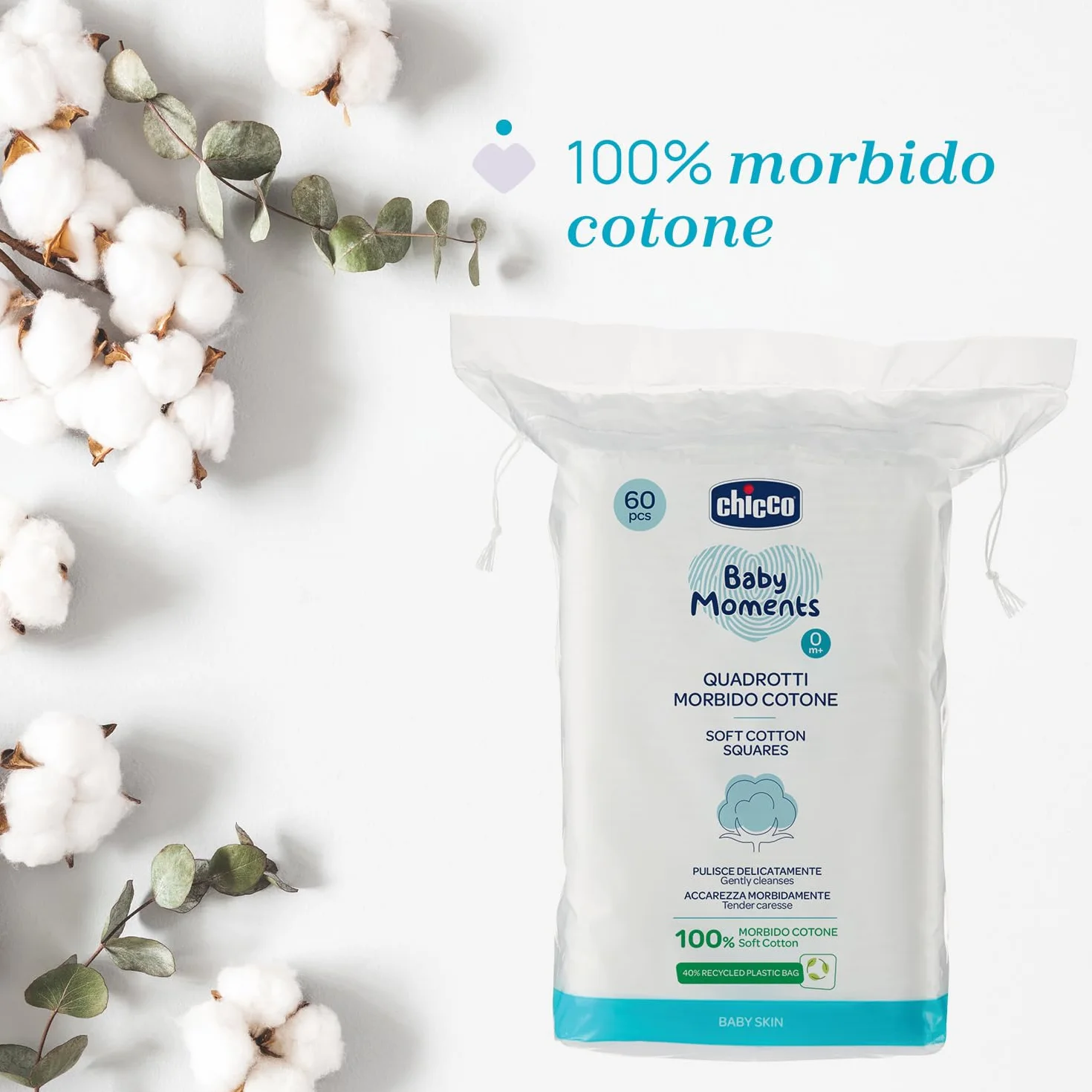 Chicco Baby Moments Quadrotti Morbido Cotone Pulisce Delicatamente Baby Skin Bianco 60 Pezzi 0+ Mesi