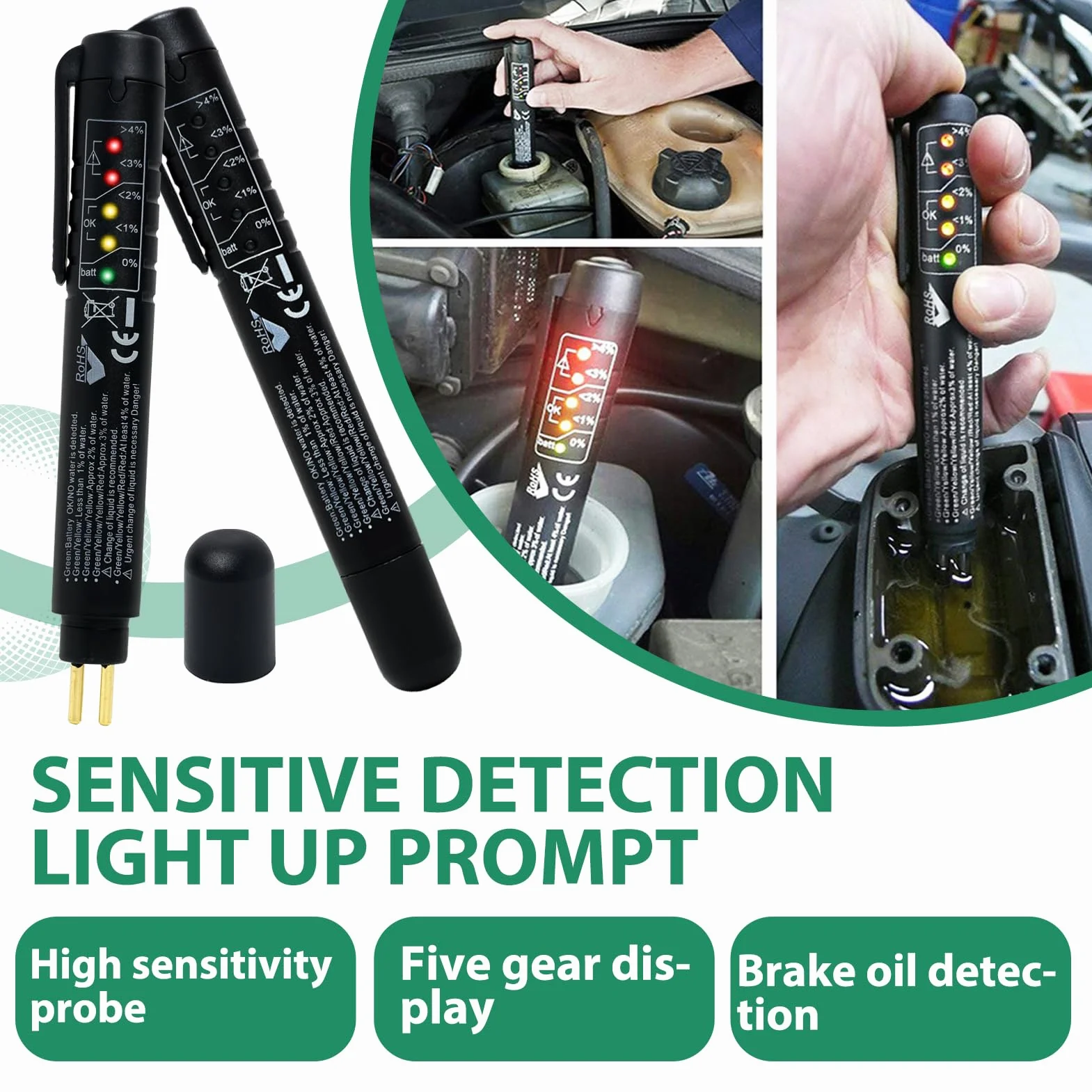Penna Tester Liquido Freni 5 LED Mini Compatibile DOT 3/4/5 Strumento Diagnostica Manutenzione Auto