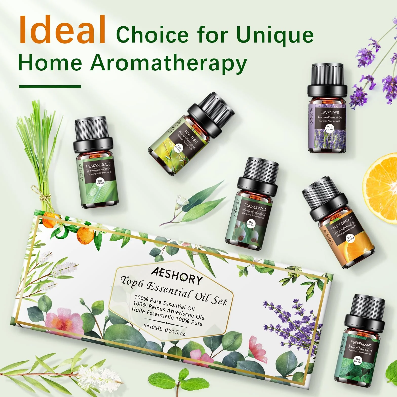AESHORY Set Oli Essenziali 6x10ML Puri Naturali Aromaterapia Lavanda Tea Tree Menta Piperita Eucalipto Arancia Dolce