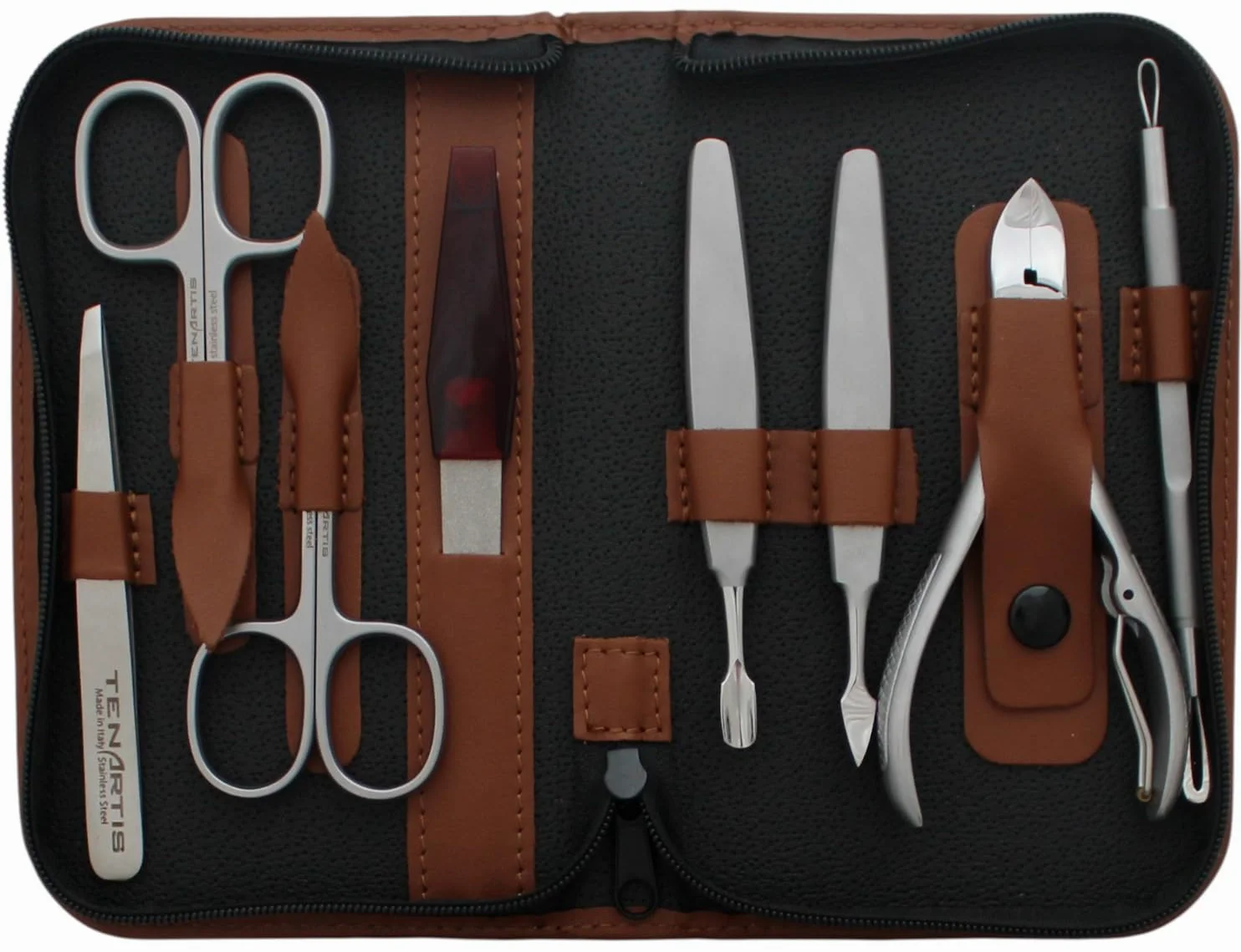 Set Manicure & Pedicure 8 Pezzi Inox in Vera Pelle con Cerniera - Tenartis Made in Italy (Marrone)