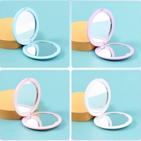 Set di 4 Specchietti da Borsetta a Doppia Faccia in Colori Tenui Azzurro, Viola Chiaro, Bianco, Rosa