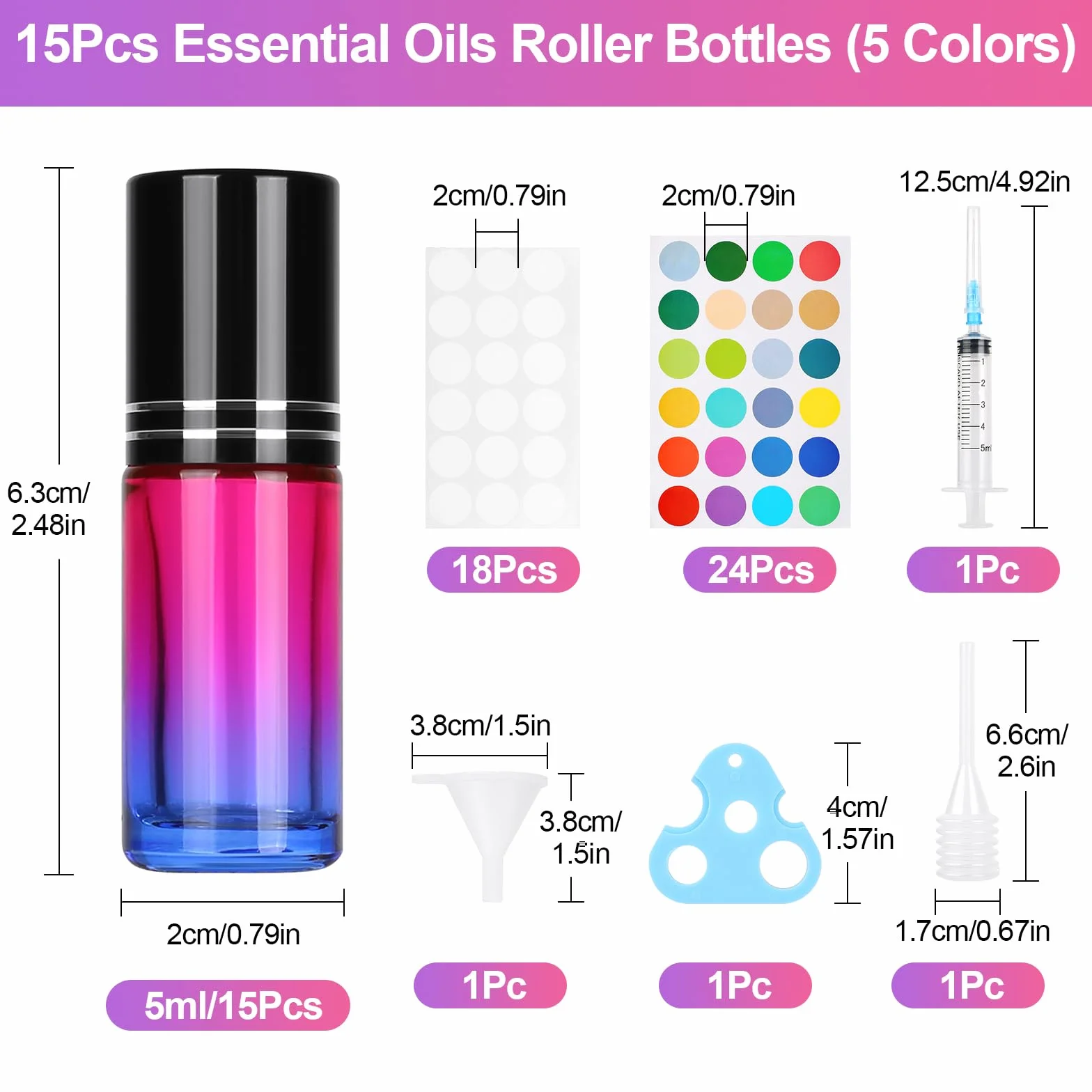 15 Pezzi 5ml Gradiente Roll On Bottiglie con Sfera in Acciaio Inossidabile,Roll on Vuoto per Oli Essenziali, Roll on Vuoto per oli Essenziali per Profumo, Olio Essenziale, Aromaterapia