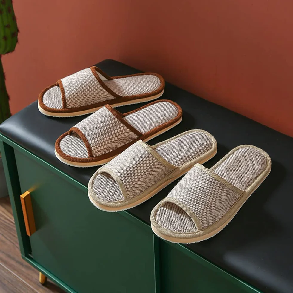 Set di 6 paia di pantofole in lino, per ospiti, con punta aperta, pantofole da bagno, antiscivolo, lavabili
