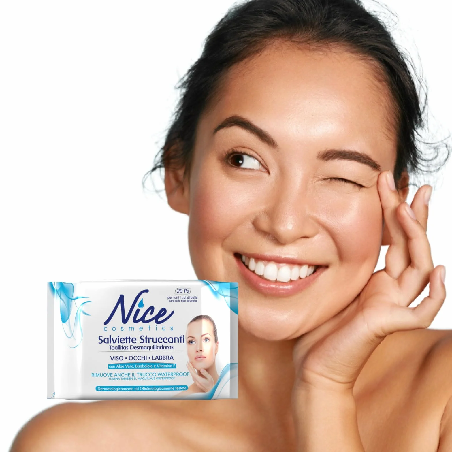 Nice Salviette Struccanti per Viso, Occhi e Labbra, con Aloe Vera, Bisabololo e Vitamina E, Dermatologicamente e Oftalmologicamente Testate, Confezione Tascabile da 20 Salviette