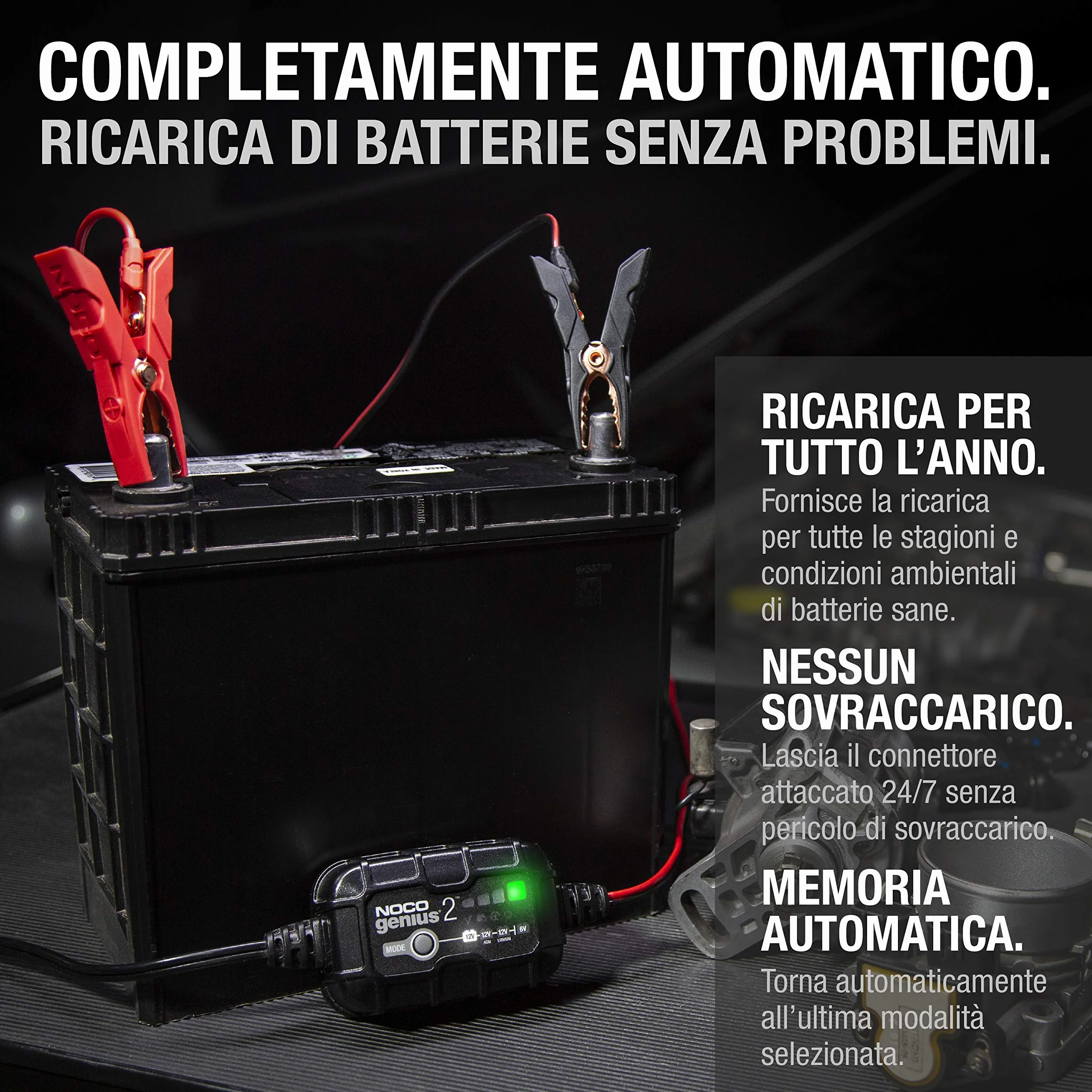 NOCO GENIUS2 Caricabatterie Intelligente 2A 6V/12V Mantenitore di Carica Desolfatatore per Batterie al Piombo e Litio