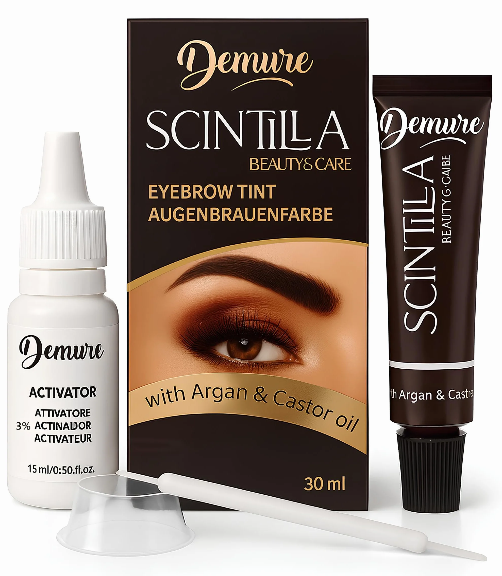 Demure Colore Sopracciglia, Colorante con Olio di Argan e di Ricino, Risultato Naturale e Duraturo Fino a 4 Settimane, Applicazione Rapida e Precisa (MARRONE SCURO 3.0)