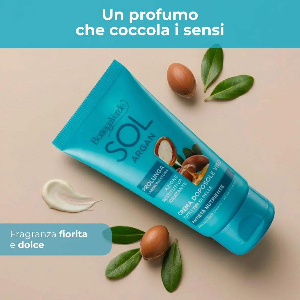 Bottega Verde - SOL Argan, Crema Viso Doposole, 50 ml, Antietà Nutriente, Prolunga l’Abbronzatura, Idrata e Dona Sollievo, con Olio di Argan e Collagene Vegetale, Per Tutti i Tipi di Pelle