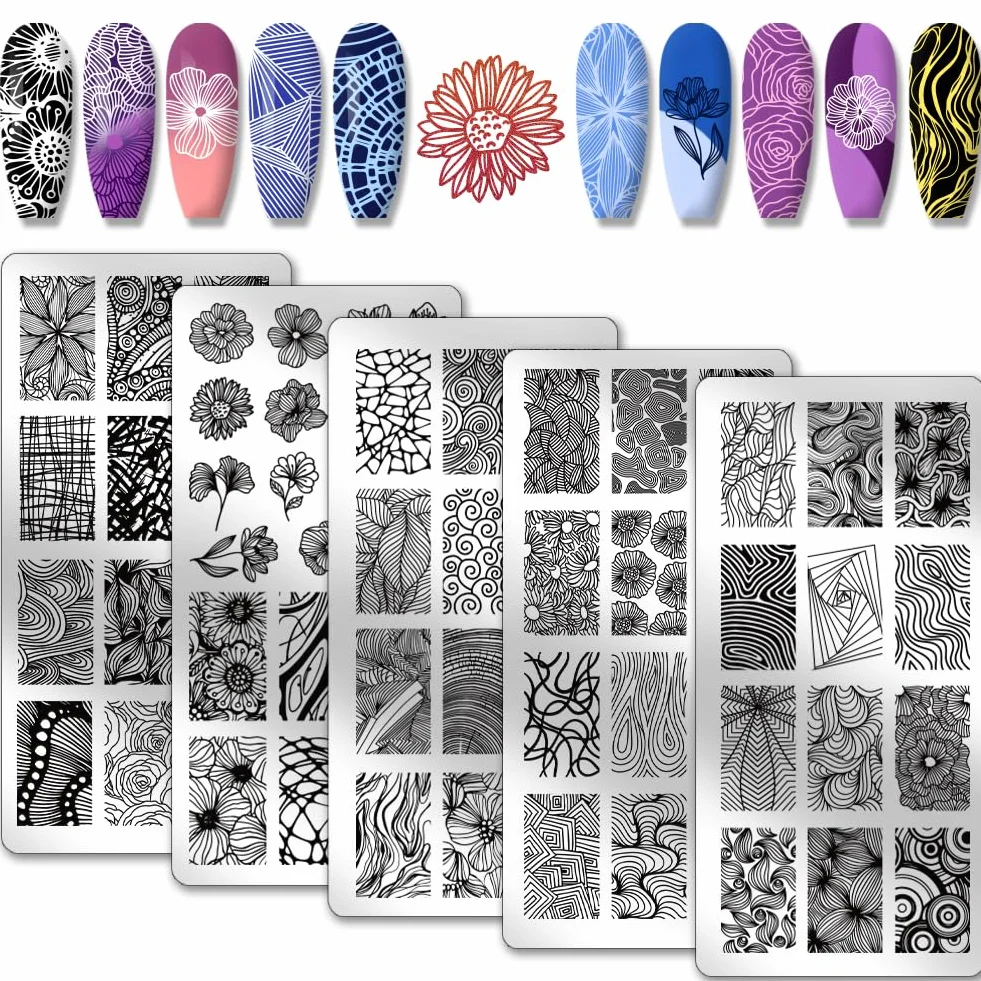 PH PandaHall 5 PZ Modelli per Nail Art con Texture Lineare, 68 Modelli Fiore Nail Stamping Piastra Mix Design Nail Art Stencil per Nail Design Stampa Manicure Salon