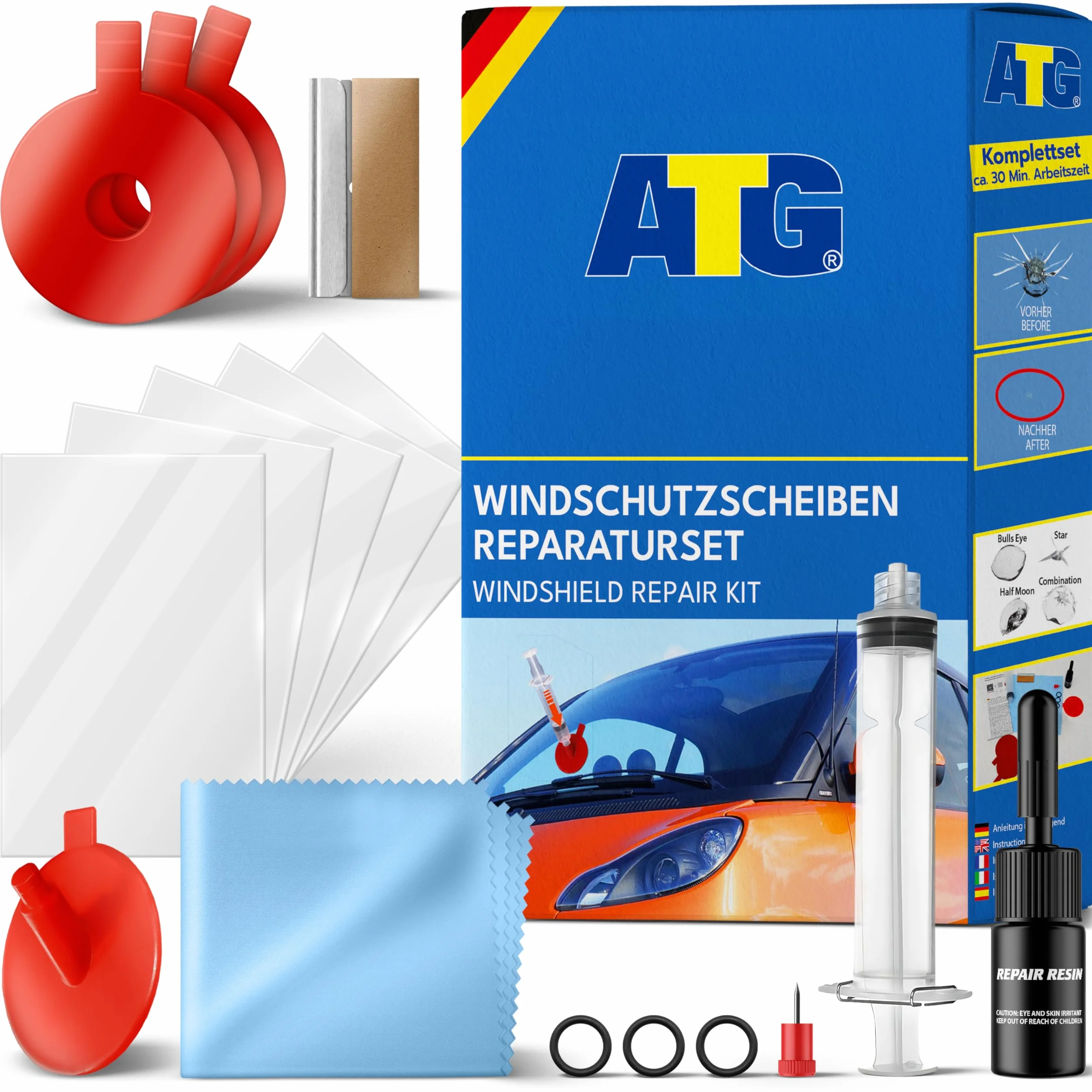 ATG® Kit riparazione parabrezza auto – Resina riparazione vetro per crepe e scheggiature