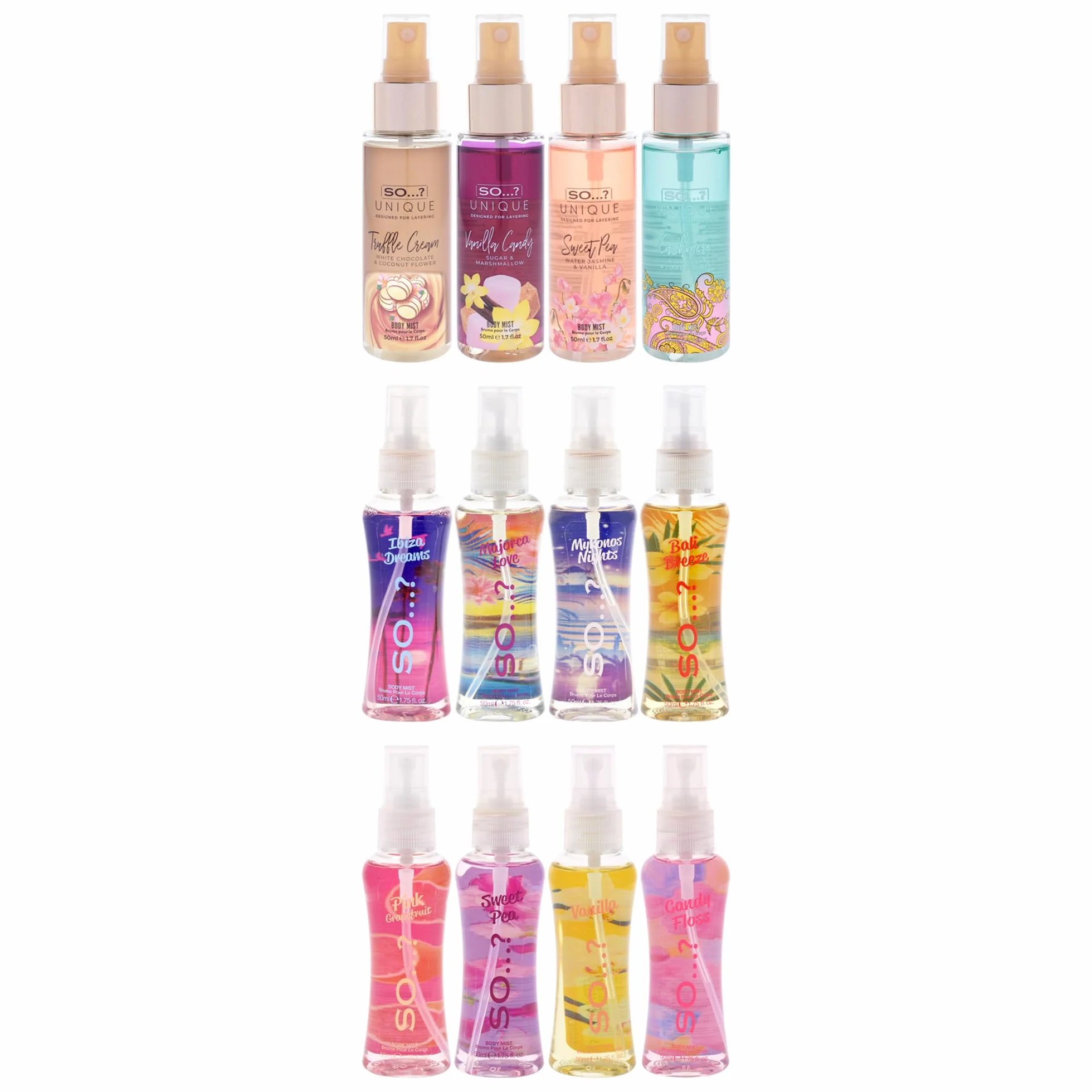 So…? Summer Escapes, Body Mist by So…? & Unique Womens Gift Sets Bundle, Body Mist Fragrance Spray (4x50ml) Pack of 3