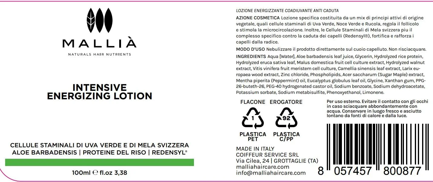Mallià Lozione Anticaduta Energizzante, Stimolante Ricrescita, 100 ml