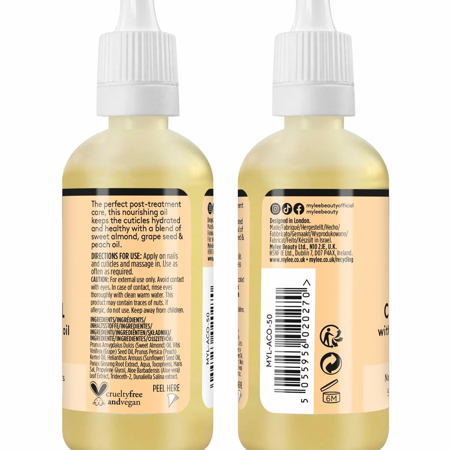 Mylee Olio per Unghie e Cuticole alle Mandorle Dolci 50ml – Olio Balsamo Profondamente Idratante e Nutriente, Formula non Grassa e Senza Residui, Non Unge, Delicatamente Profumato