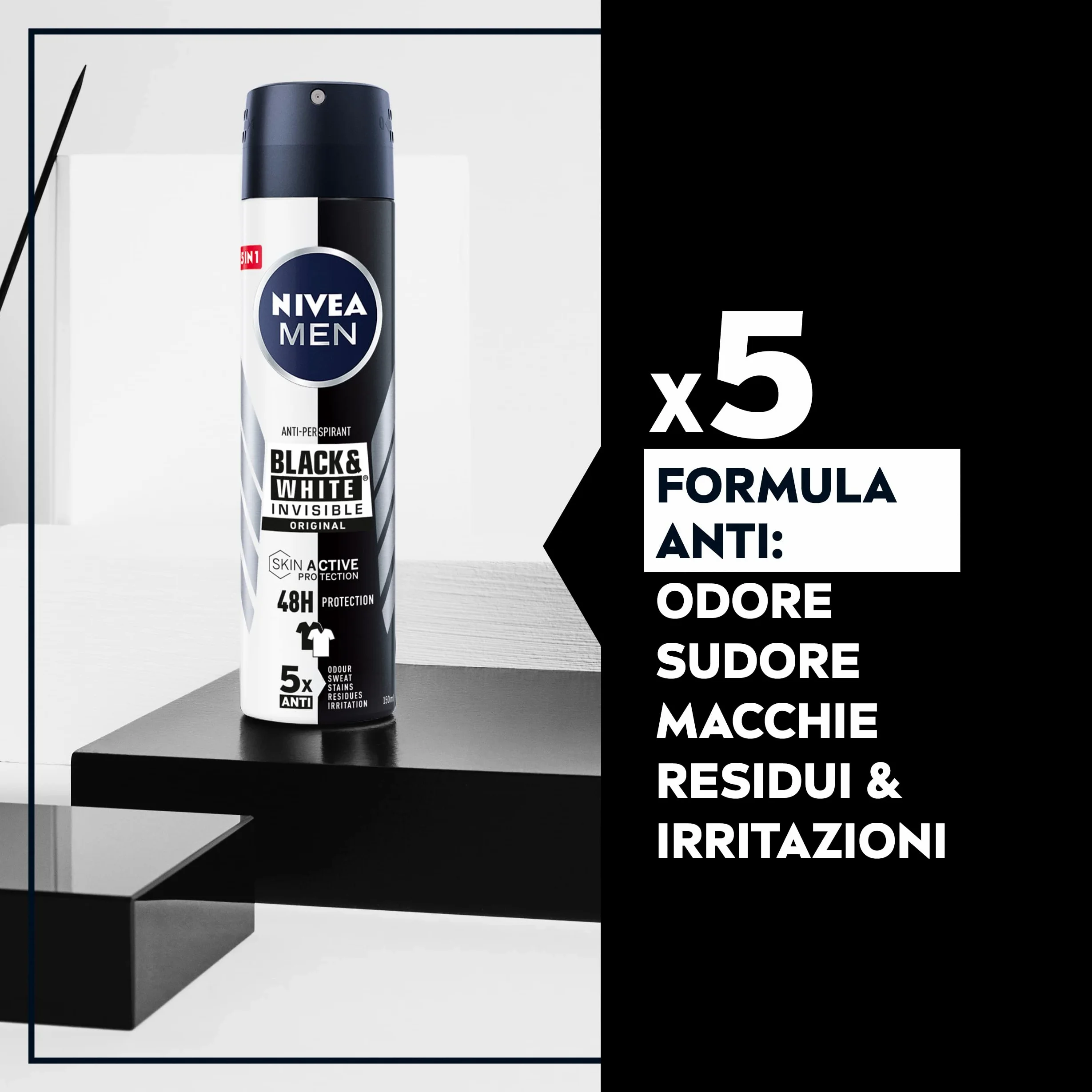 NIVEA Men Black & White Invisible Original Deodorante Uomo Spray Antitraspirante 48h Protezione Contro Cattivi Odori Sudore Macchie Residui Irritazioni - 8 Flaconi da 150ml