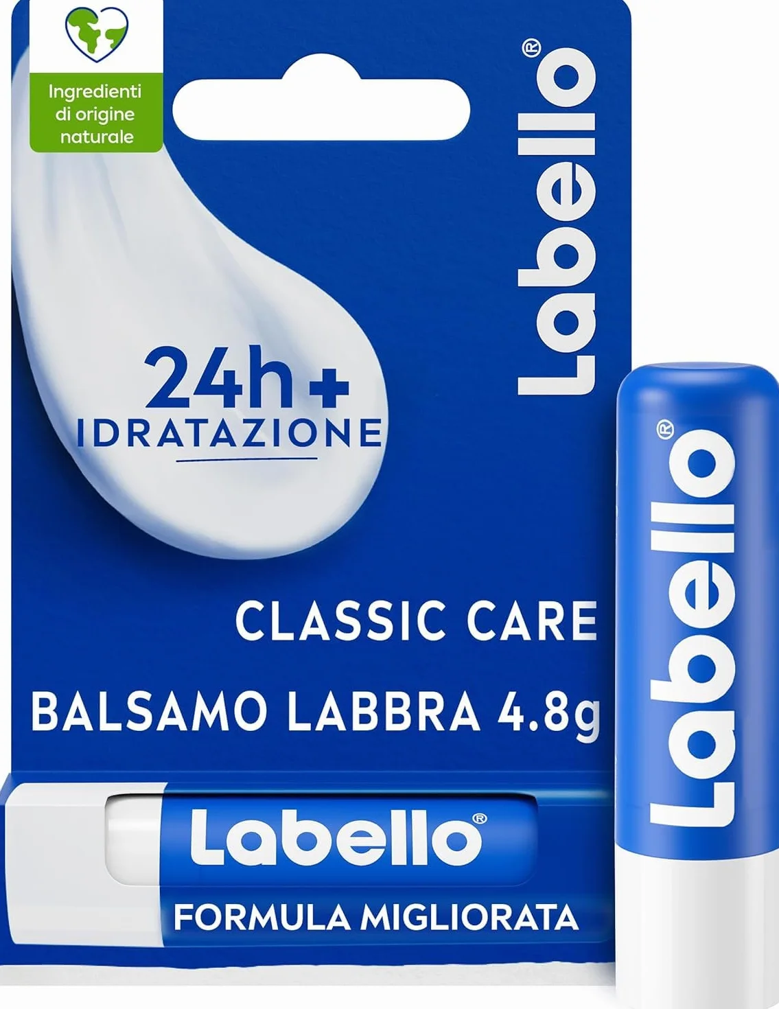 Labello Classic Care Balsamo Labbra 4.8 g, Burrocacao labbra classico fondente sulle labbra, Lip balm con burro di karité idratante fino a 24 ore, Senza oli minerali e paraffine
