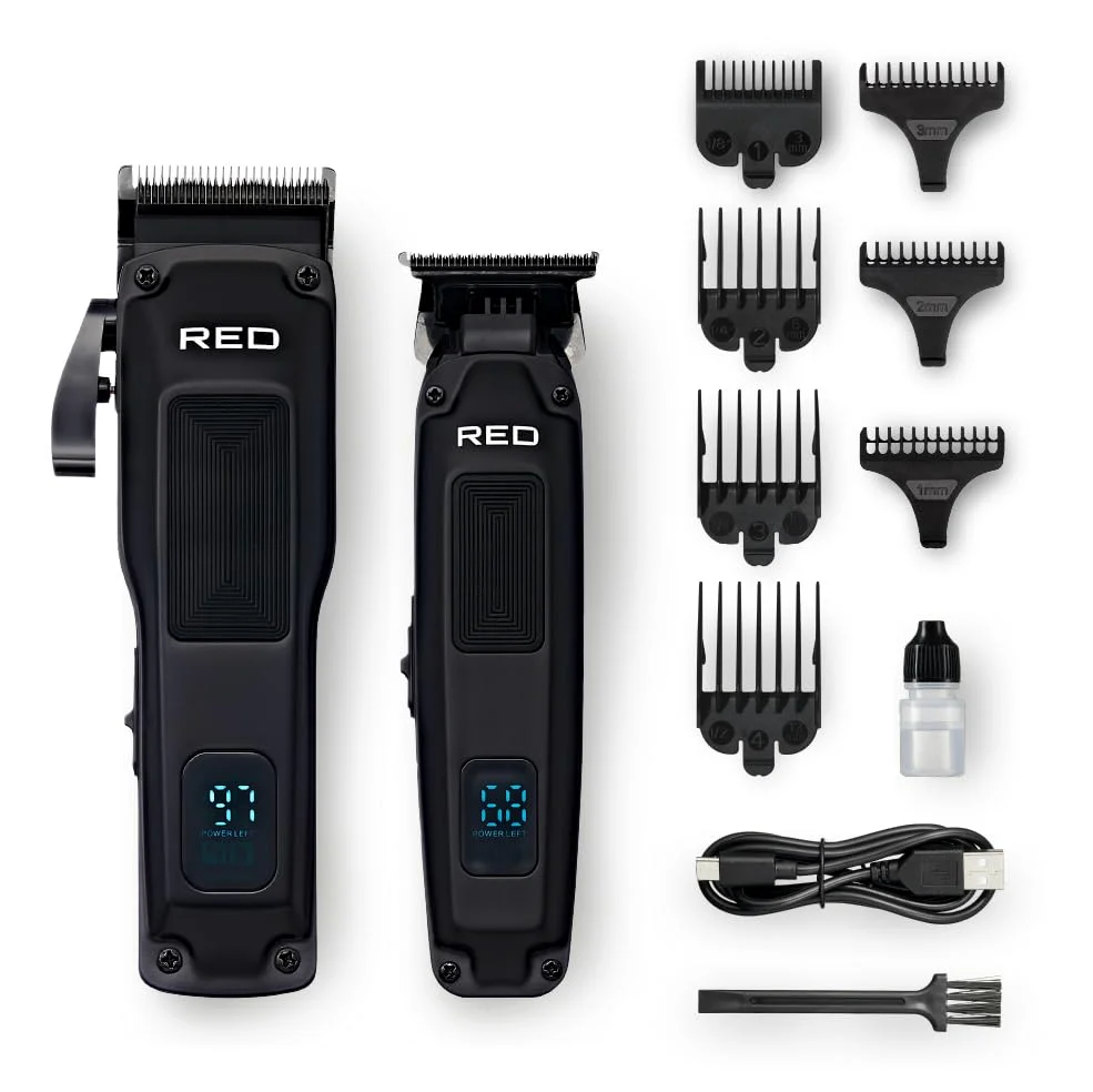 Red by Kiss Set combinato di tagliacapelli e trimmer senza fili, per la cura dei capelli e della barba, tagliacapelli professionale con rasoio di precisione a T, kit di taglio di capelli ricaricabile