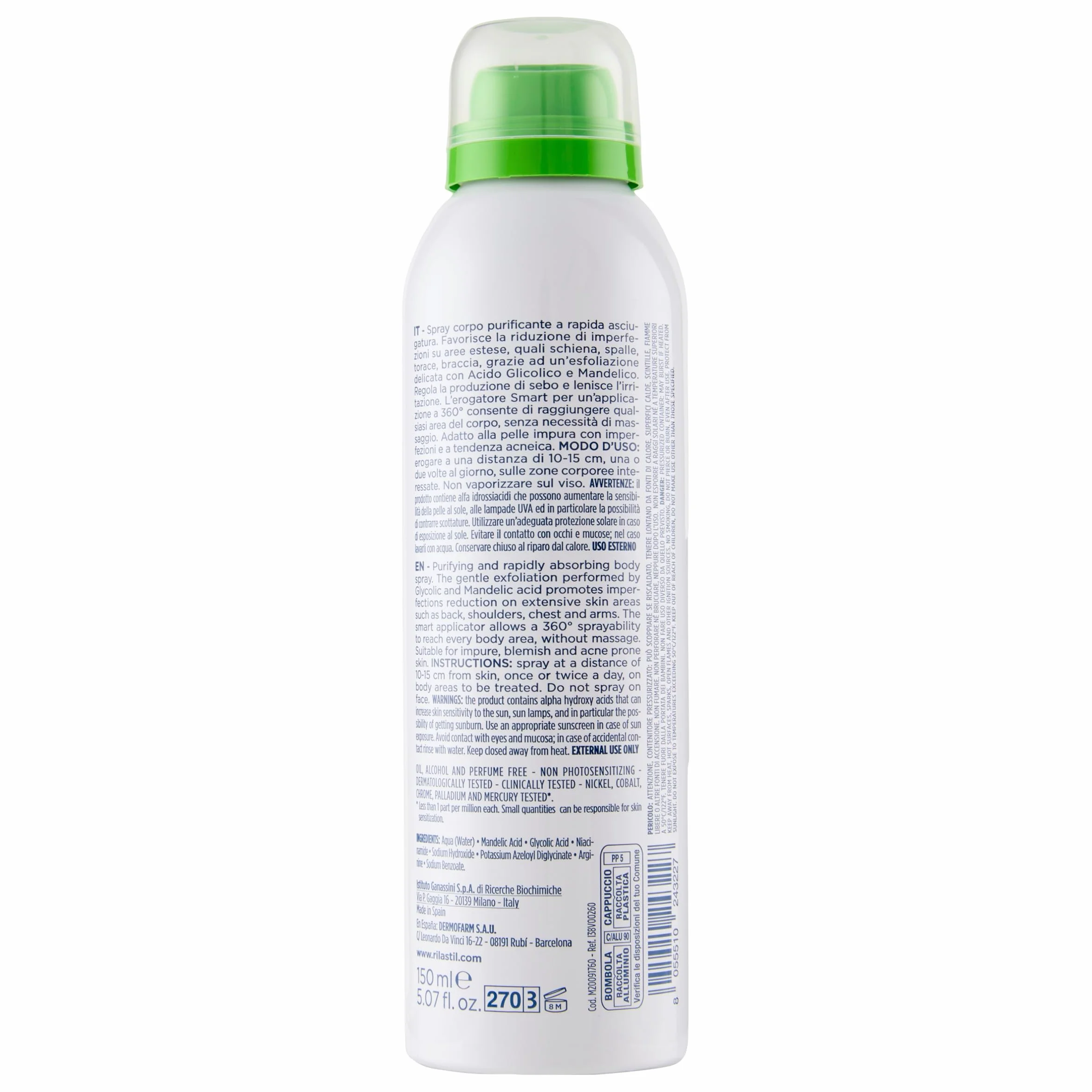 Rilastil Acnestil Spray Corpo Purificante e Anti-imperfezioni, Sebonormalizzante, Lenitivo con Niacinamide, Acido Glicolico e Acido Mandelico, 150 ml