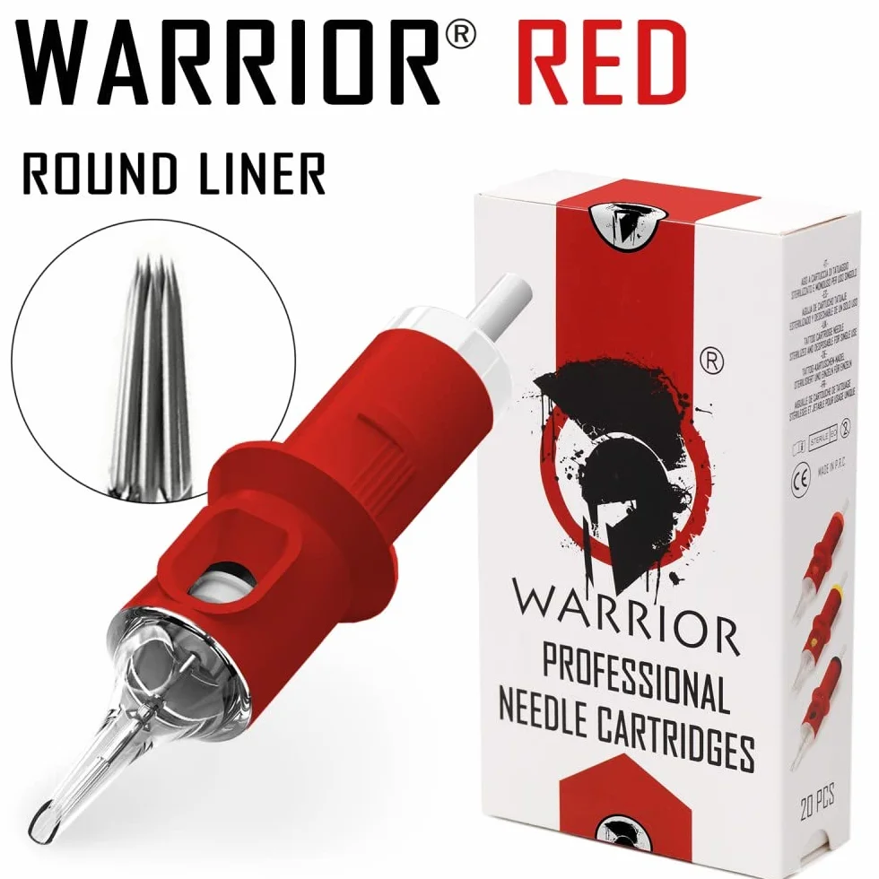 WARRIOR Red Cartucce Aghi per Tatuaggi Professionale Sterilizzate con Eo Gas Tattoo Needle Cartridge Round Liner 20 pezzi in Acciaio Chirurgico Usa e Getta Trucco Permanente Sopracciglio (RED-0803RL)