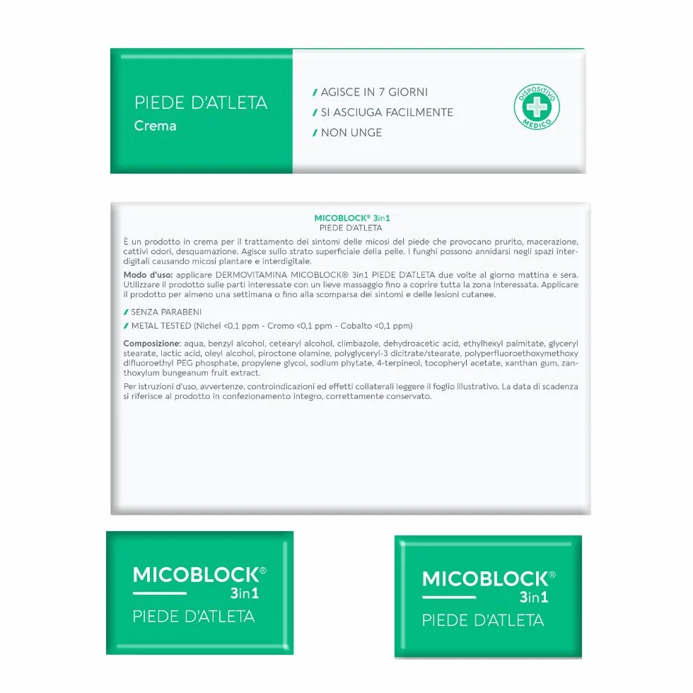 Dermovitamina Micoblock 3in1 Crema Piede d'Atleta 30 ml - Trattamento Micosi, Prurito, Odore