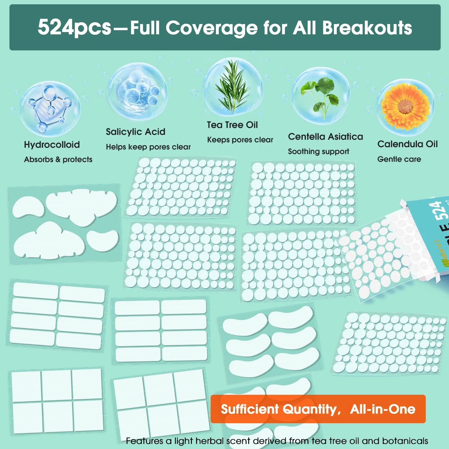 Patch Brufoli, Pimple Patch XL for Face&Body,524 cerotti idrocolloidali per ampie zone con estratto di tea tree, adesivi grandi per brufoli in 5 forme e 10misura, assorbono rapidamente sebo e liquidi