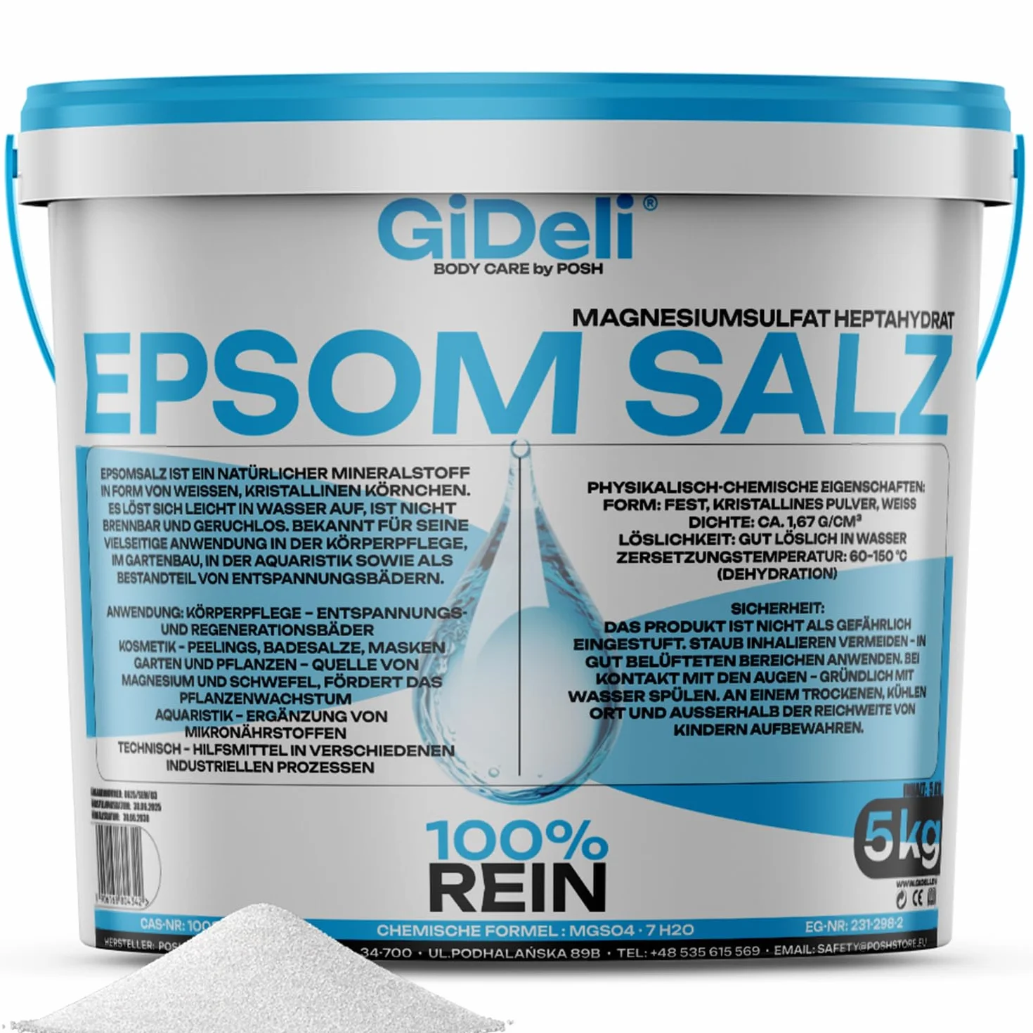 GiDeli Epsom - Sale da bagno da 5 kg di solfato di magnesio di grado farmaceutico in un secchio, 100% puro sale naturale, pediluvio, cura della pelle, bagno di relax (5000 g)