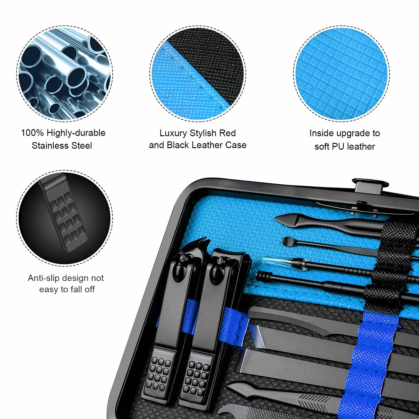 Set manicure professionale 18 strumenti acciaio inox pedicure cura unghie viaggio blu nero