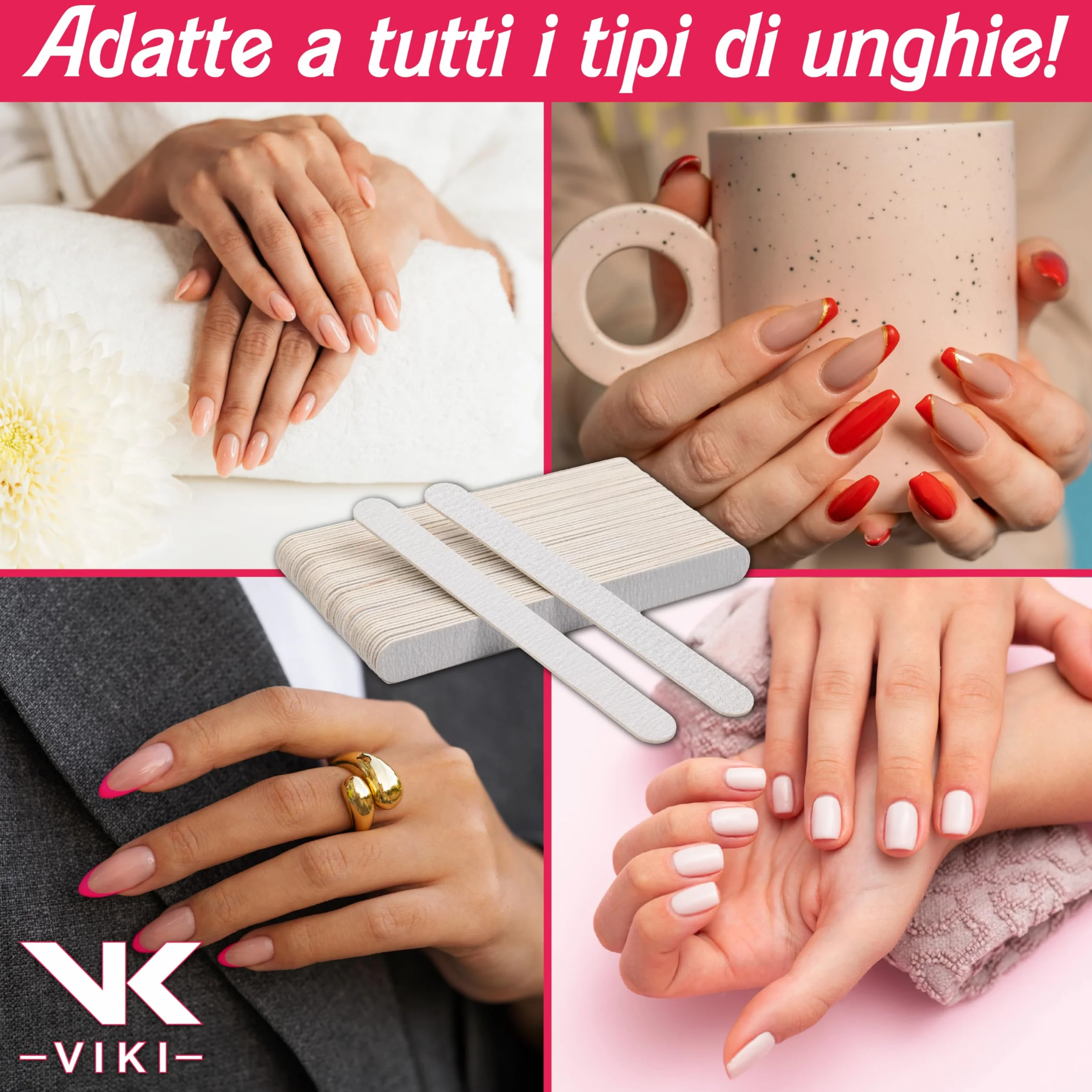 VIKI Set 100 Lima Unghie Professionale 100/180 Doppia Grana, Lime Unghie per Manicure e Pedicure, Unghie Naturali, Gel, Acrilico e Semipermanente, Lime Delicate e Resistenti ideale per centri estetici