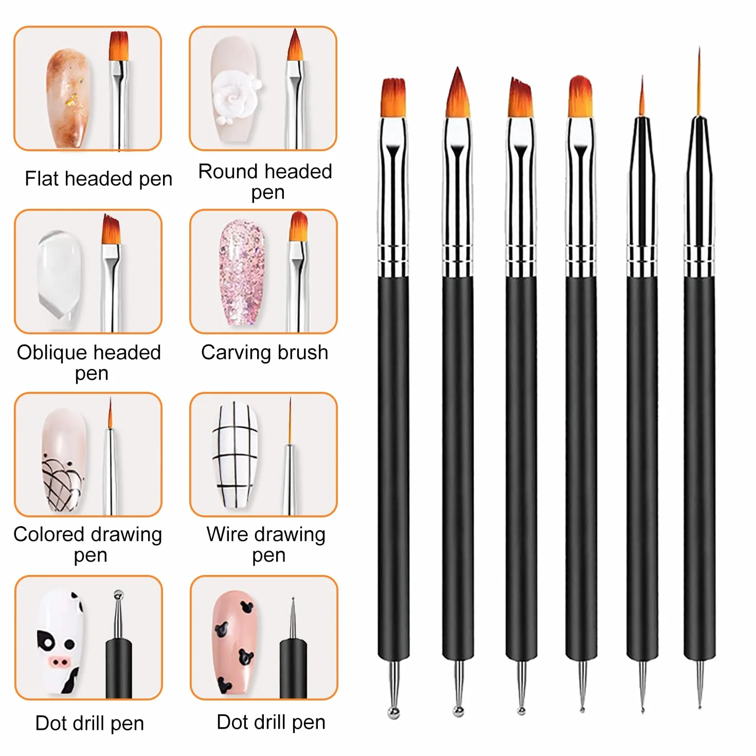 Pennelli Unghie Gel Doppia Punta Nail Art 6 Pezzi con Punteggiatura per DIY Decorazioni Nero