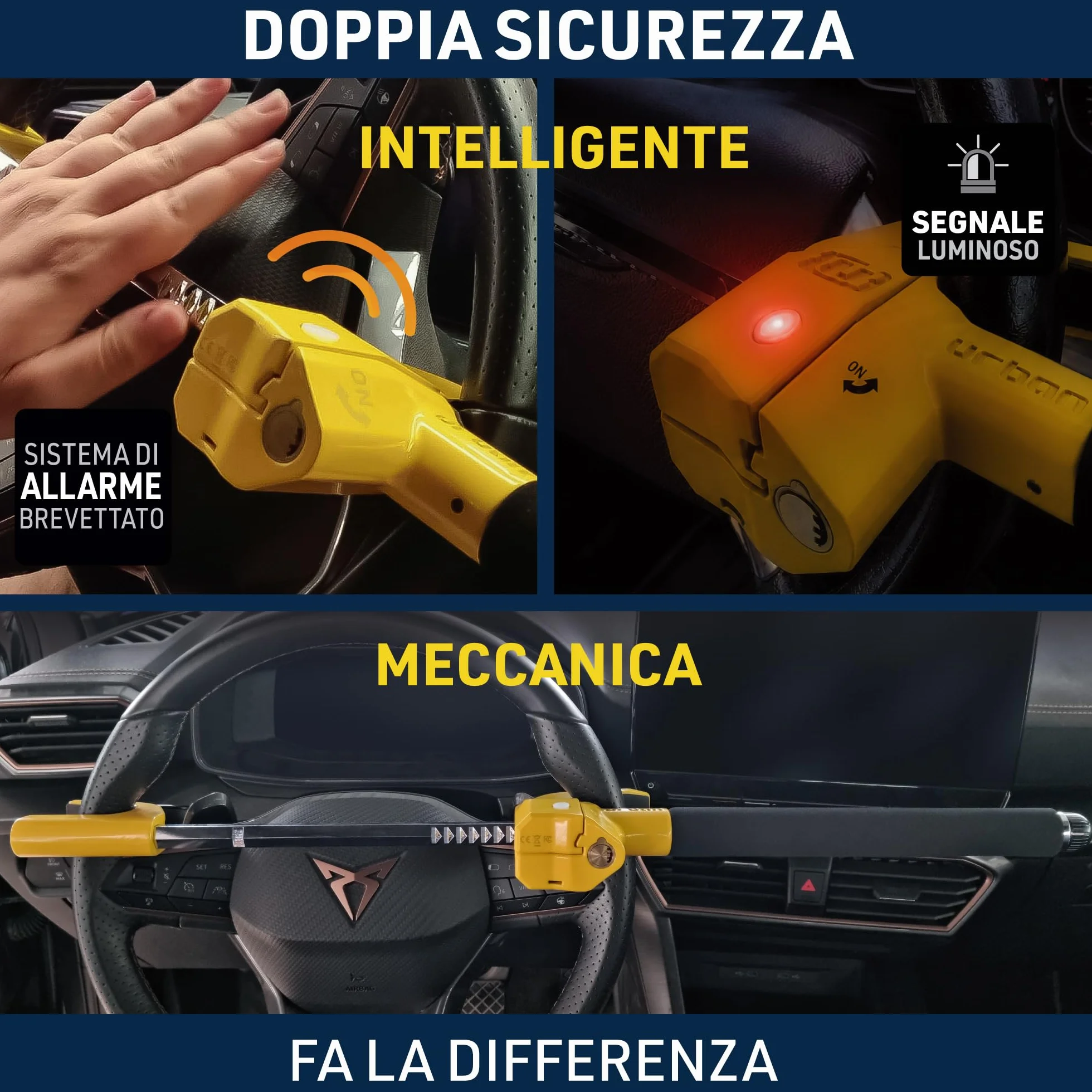 URBAN UR978Y Antifurto Auto Doppia Sicurezza Blocca Sterzo 120dB LED Bloccaggio Automatico Blocco Volante Meccanico Universale