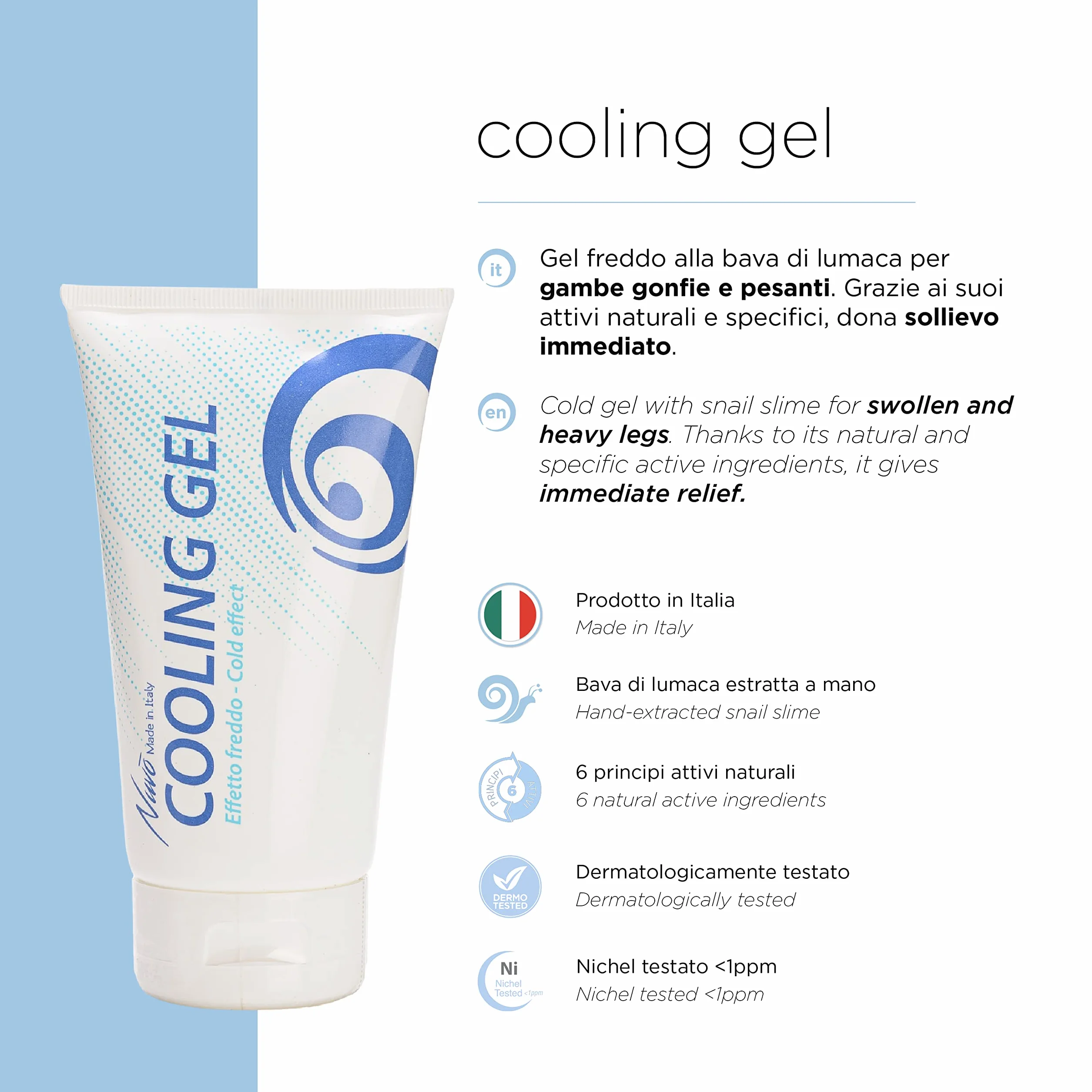 Nuvo' - Crema Gel Rinfrescante Gambe Piedi Caviglie Gonfie Pesanti Stimola la circolazione EFFETTO FREDDO Bava di Lumaca Mentolo Eucalipto Estratti di Mirtillo Made in Italy 150ml
