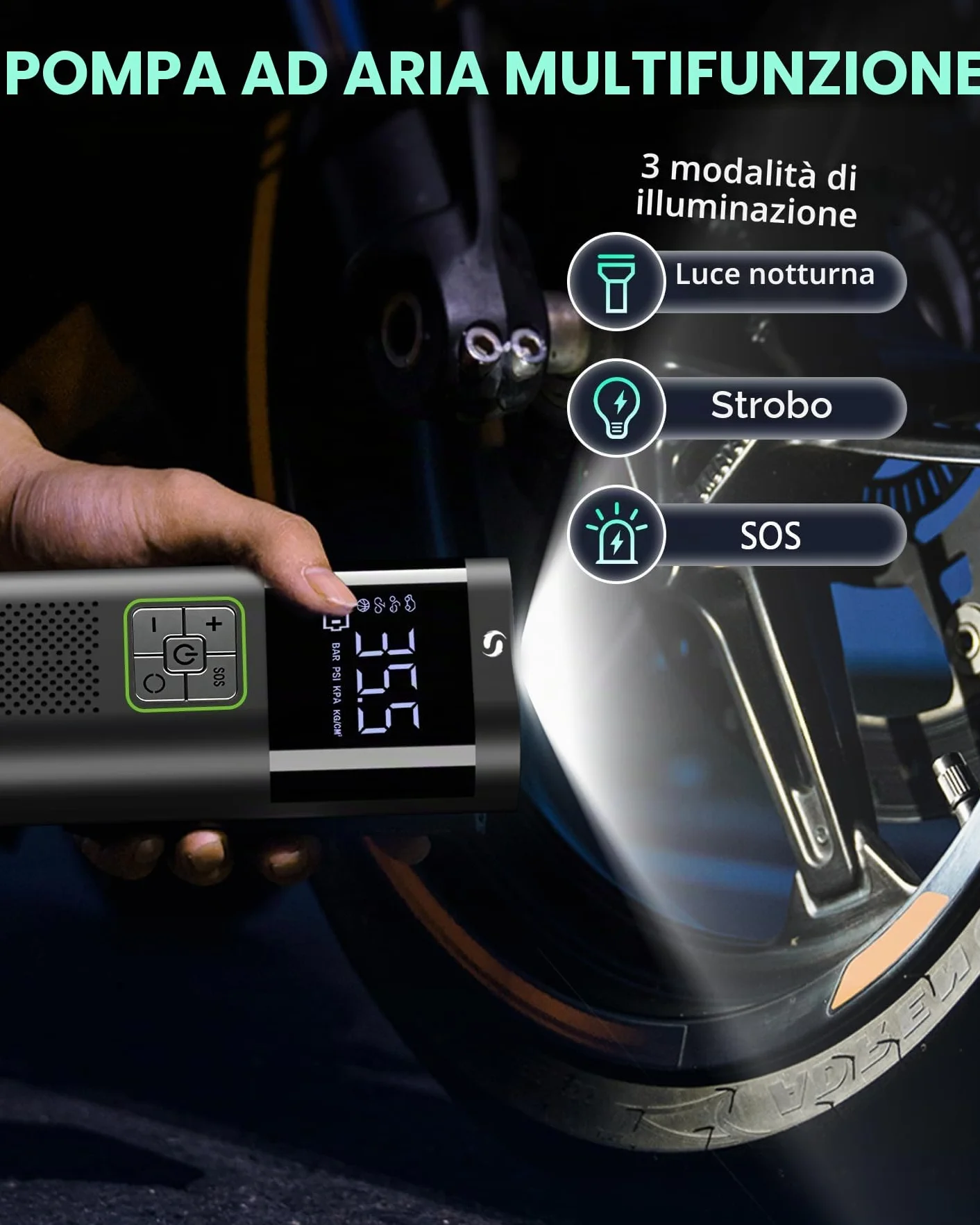 Compressore Aria Portatile con Manometro, Pompa Elettrica per Auto Moto Bicicletta