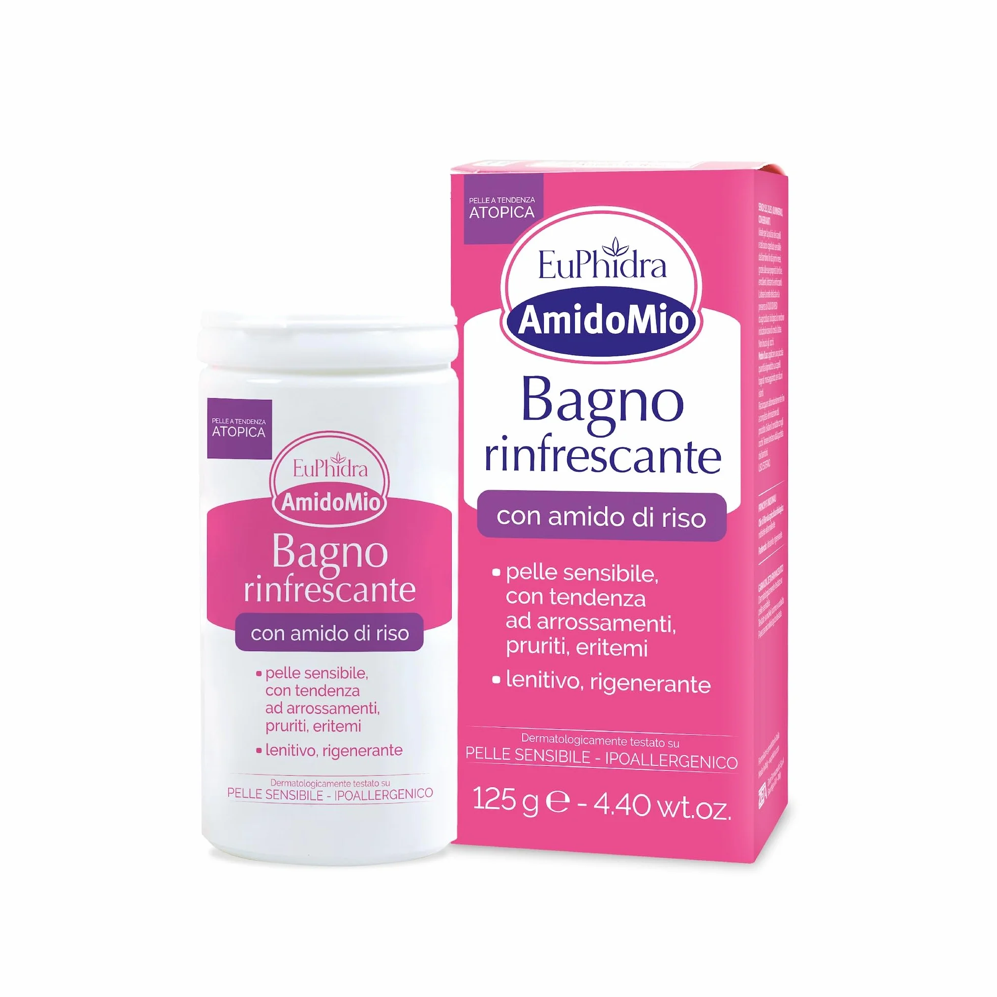 Euphidra - AmidoMio Bagno Rinfrescante, Polvere Lenitiva con Amido di Riso 100% puro, per Pelli Delicate e Sensibili, Rinfrescante e Antinfiammatorio, Flacone 125g