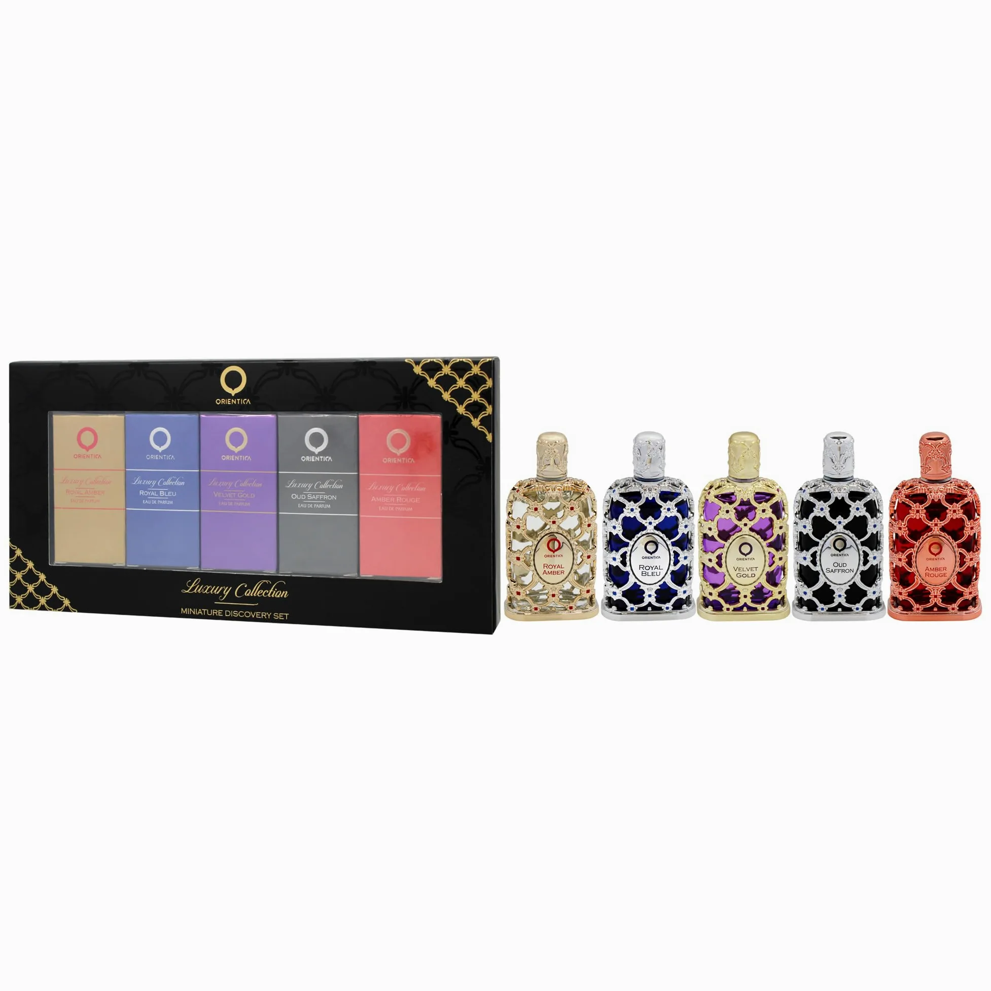Orientica Luxury Collection Set Discovery Miniature Eau de Parfum 5 Pezzi (5 x 7.5 ml) – Amber Rouge, Royal Amber, Oud Saffron, Velvet Gold e Royal Bleu – Profumo Arabo Unisex per Donna e Uomo