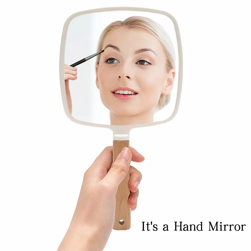 YEAKE Specchio a mano con manico per trucco, piccolo specchio in legno carino per rasatura con foro da appendere su un lato, portatile, da viaggio, per uomini e donne (quadrato)