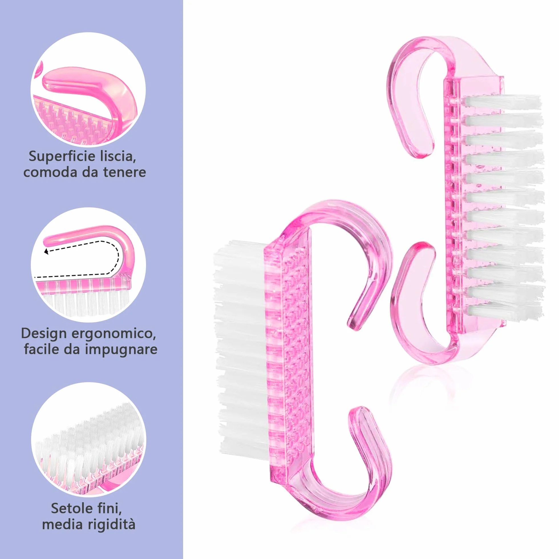 Set 4 pezzi Spazzolino unghie mani con manico, Spazzola per unghie portatile
