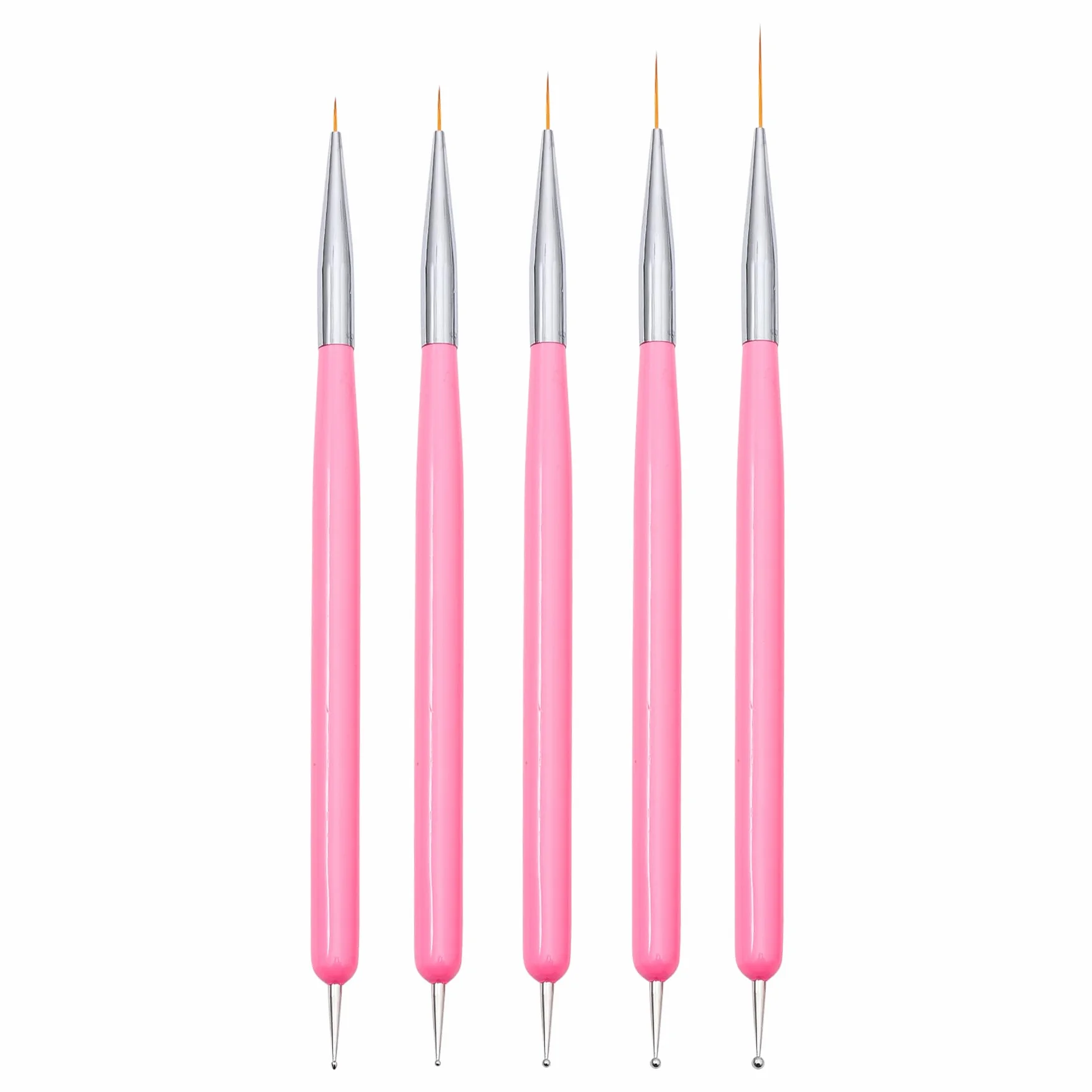 Pennelli per nail art, 5 pennelli per nail art, strumenti per punteggiare, set di pennelli per disegno artistico per linee lunghe, dettagli sottili, dimensioni 7/9/11/15/22 mm, rosa
