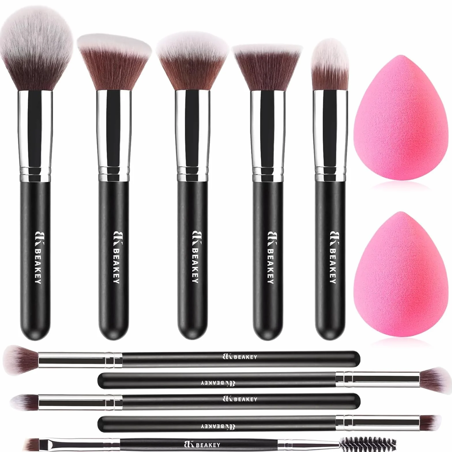 BEAKEY Set Pennelli Make up Premium synthetic pennelli trucco per fondazione cipria fard, ombretto, Set di pennelli make up, kit con spugnetta e Blender Beauty (10 + 2 pezzi, nero/argento)