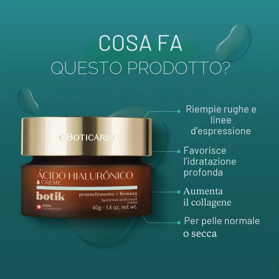 O Boticário Botik - Crema viso con acido ialuronico, riempie le rughe, aumenta la compattezza della pelle e la pelle morbida e riposata, 40 g