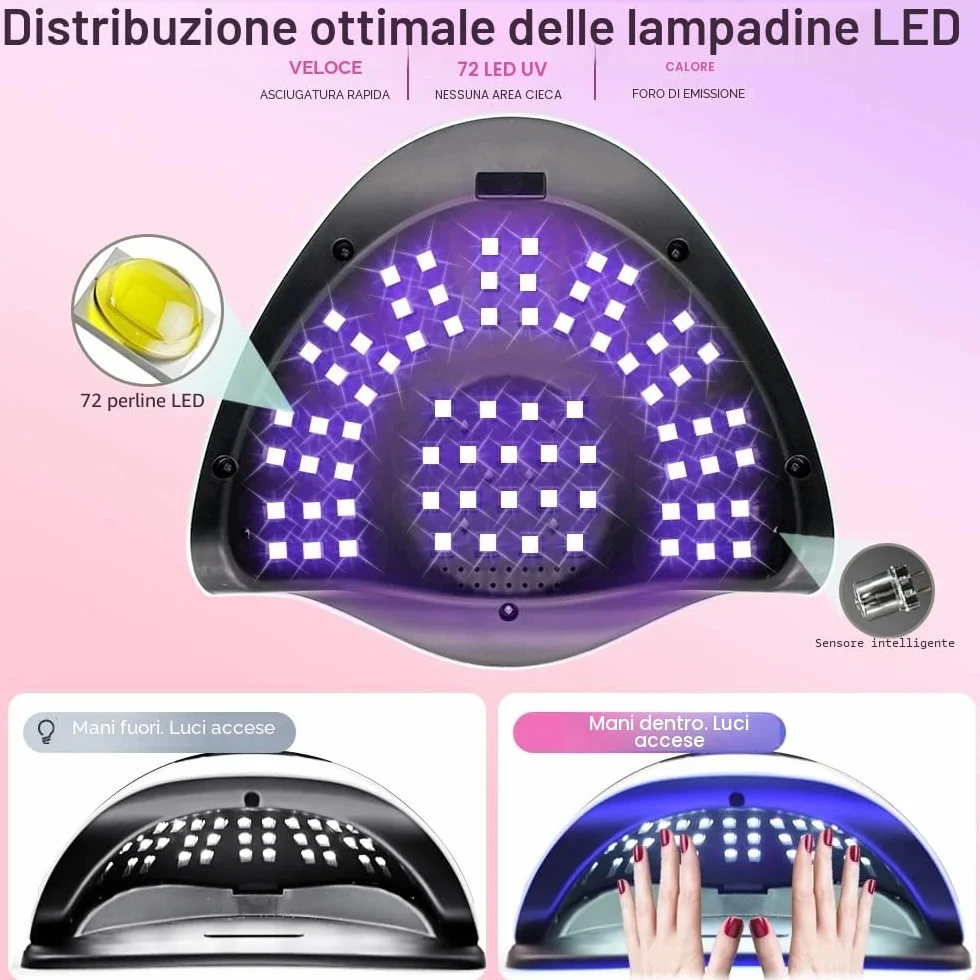 Lampada per unghie a LED UV da 320 W, gel per unghie con 72 perle di lampada, touch screen, 4 timer e sensore automatico, ideale per salone di bellezza, asciugacapelli per unghie