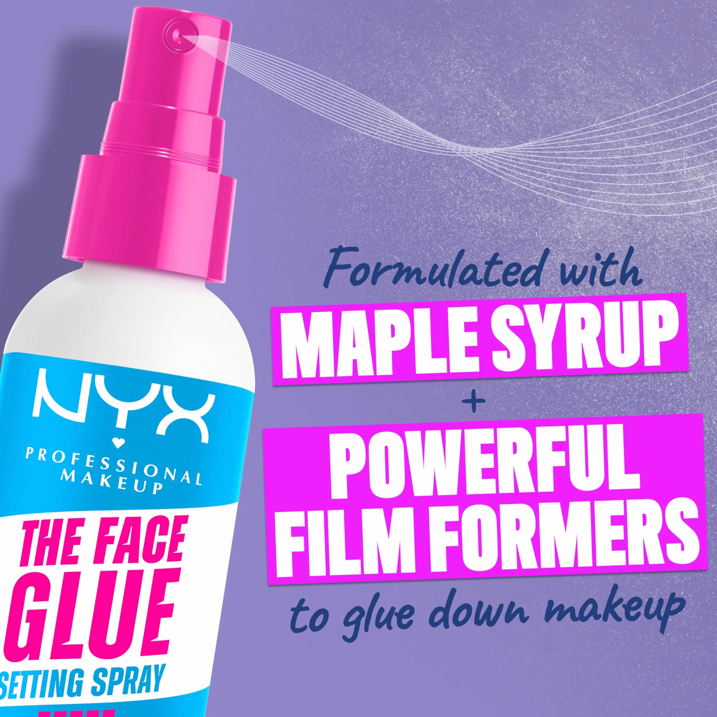 NYX Professional Makeup Spray Fissante, Per Tutti i Tipi di Pelle, Makeup Intatto fino a 24H, Finish Vellutato e Look Fresco Tutto il Giorno, Con Sciroppo d'Acero, The Face Glue, 60 ml