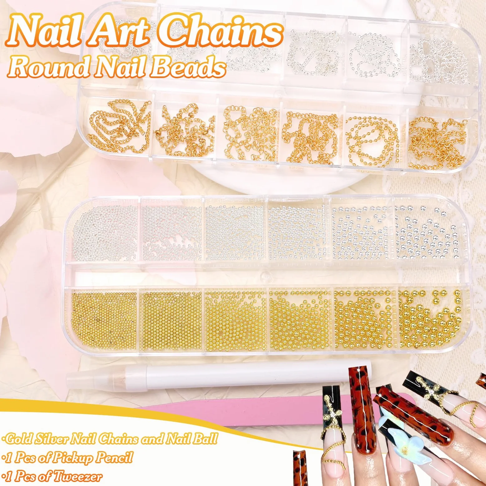 12 strisce di catene per nail art e perline in metallo per unghie (argento + oro) per nail art acrilica, catene dorate, piccole gemme rotonde per manicure fai da te accessori