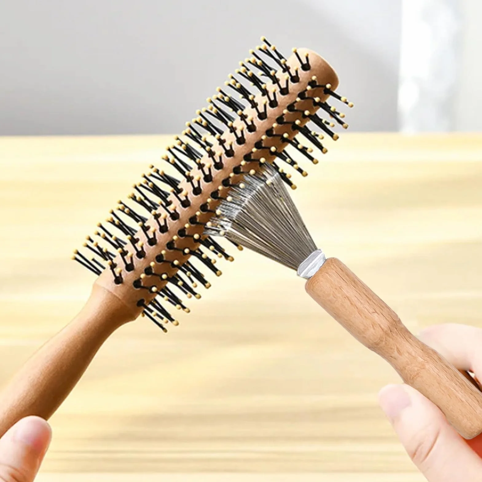 Spazzole per Capelli Strumento Pettine di Pulizia Rastrello con Manico in Legno
