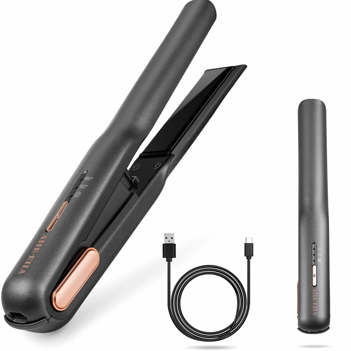 Gl?tteisen - Mini ferro arricciacapelli senza fili, con ricarica USB-C, senza cavo, riscaldamento rapido con 2 temperature regolabili, ideale per viaggiare (grigio)
