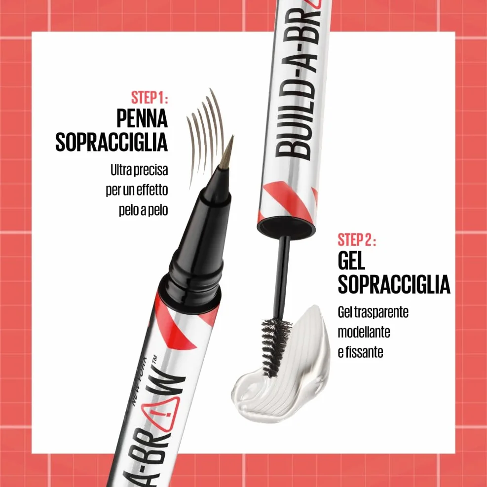 Maybelline New York, 2 in 1 Penna e Gel Sopracciglia, Per Sopracciglia Piene e Naturali, Tenuta Fino a 24 Ore, Waterproof, Formula Vegana, Build A Brow, Tonalità: Deep Brown