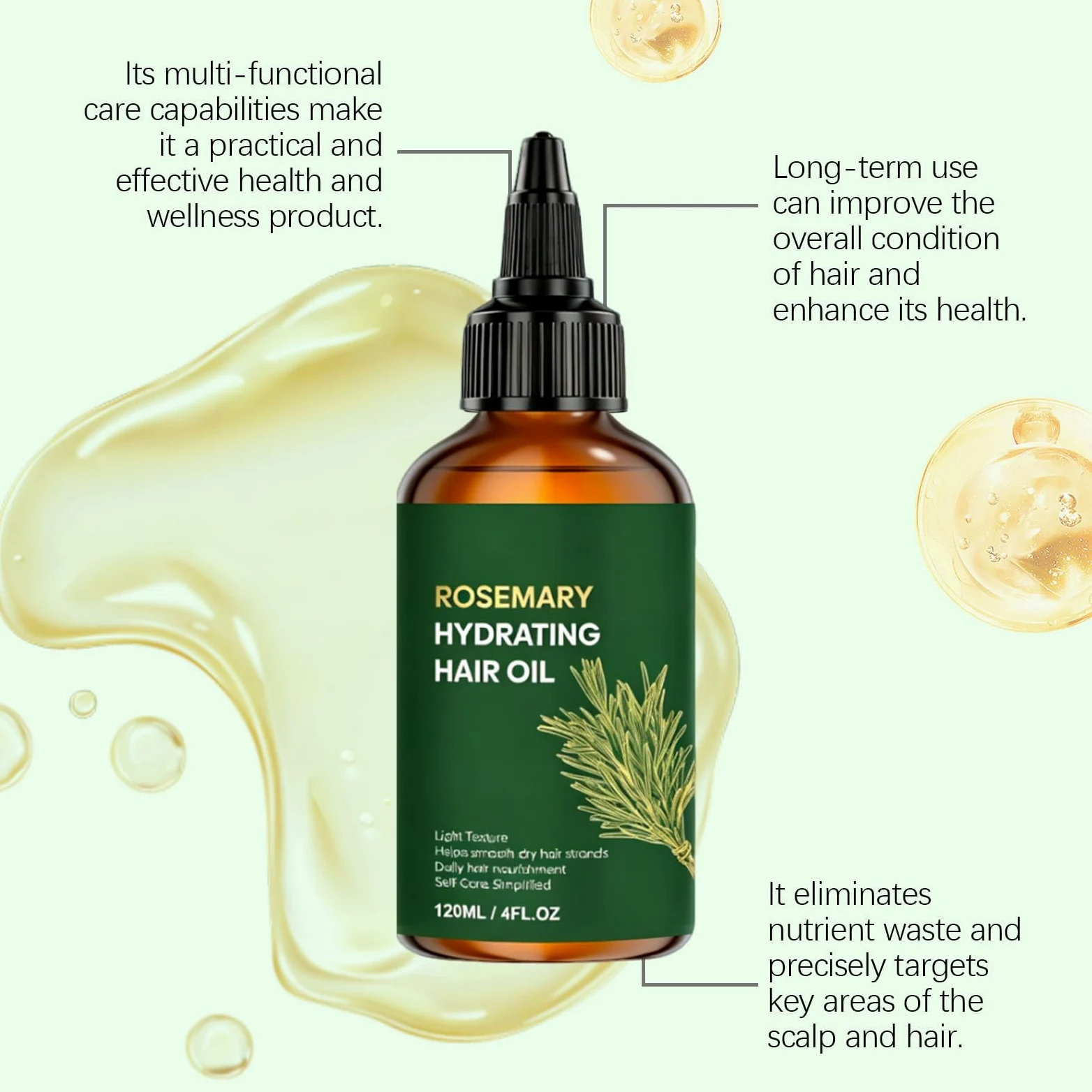 Olio per capelli multiuso al rosmarino, formula leggera non grassa, nutrimento notturno, formula sicura per tutti i tipi di capelli, cura di sé semplificata (6pcs)