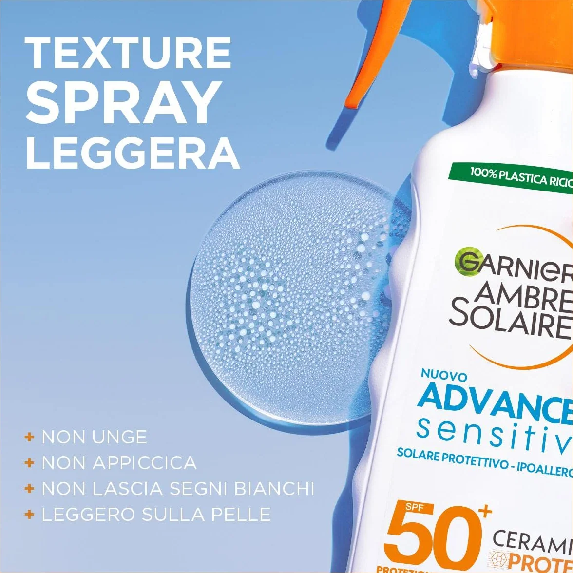 Garnier Ambre Solaire Advanced Sensitive Spray Gachette Protettivo Ceramide Protect SPF50+, 270 ml
