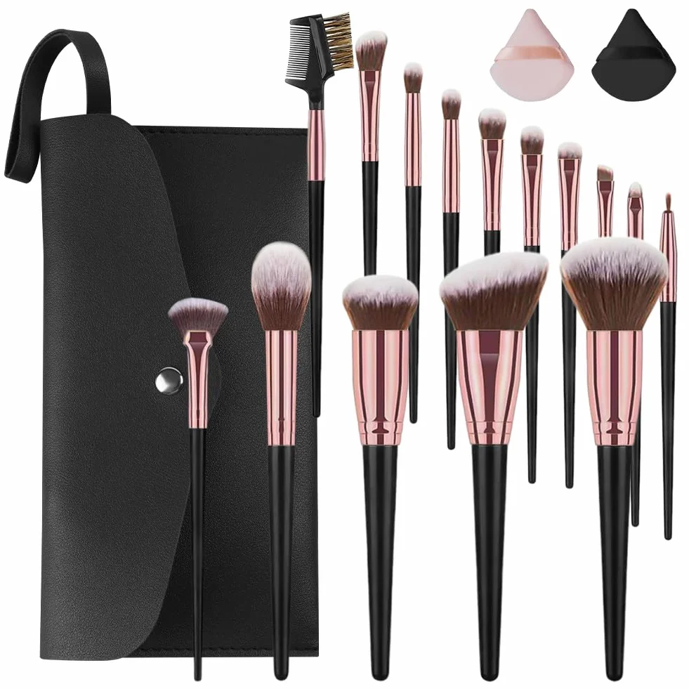 Vicloon Set Pennelli Make up da 18 pezzi,15 Pezzi Professionale Pennelli Make Up Pennelli con Ombretto Palpebra Eyeliner Mascara Sopracciglia Makeup Occhi con 2 Piumino per Cipria e Borsa Portaoggetti
