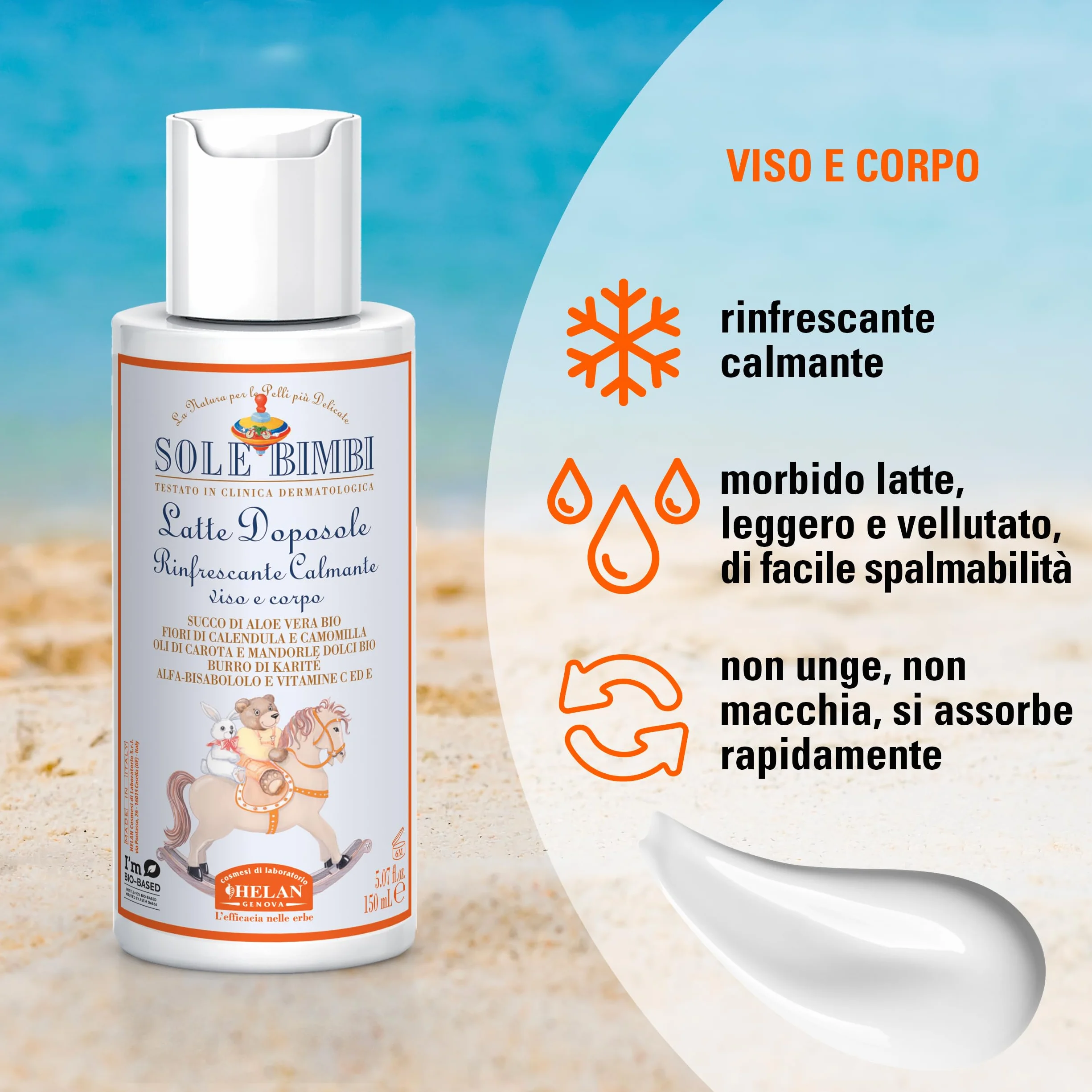 Helan, Sole Bimbi - Doposole Bambini e Neonati Lenitivo con Vitamina E e Olio di Mandorle Dolci, Crema Doposole Corpo Idratante con Burro di Karitè e Aloe Vera, Dopo Sole Calmante con Camomilla 150 ml