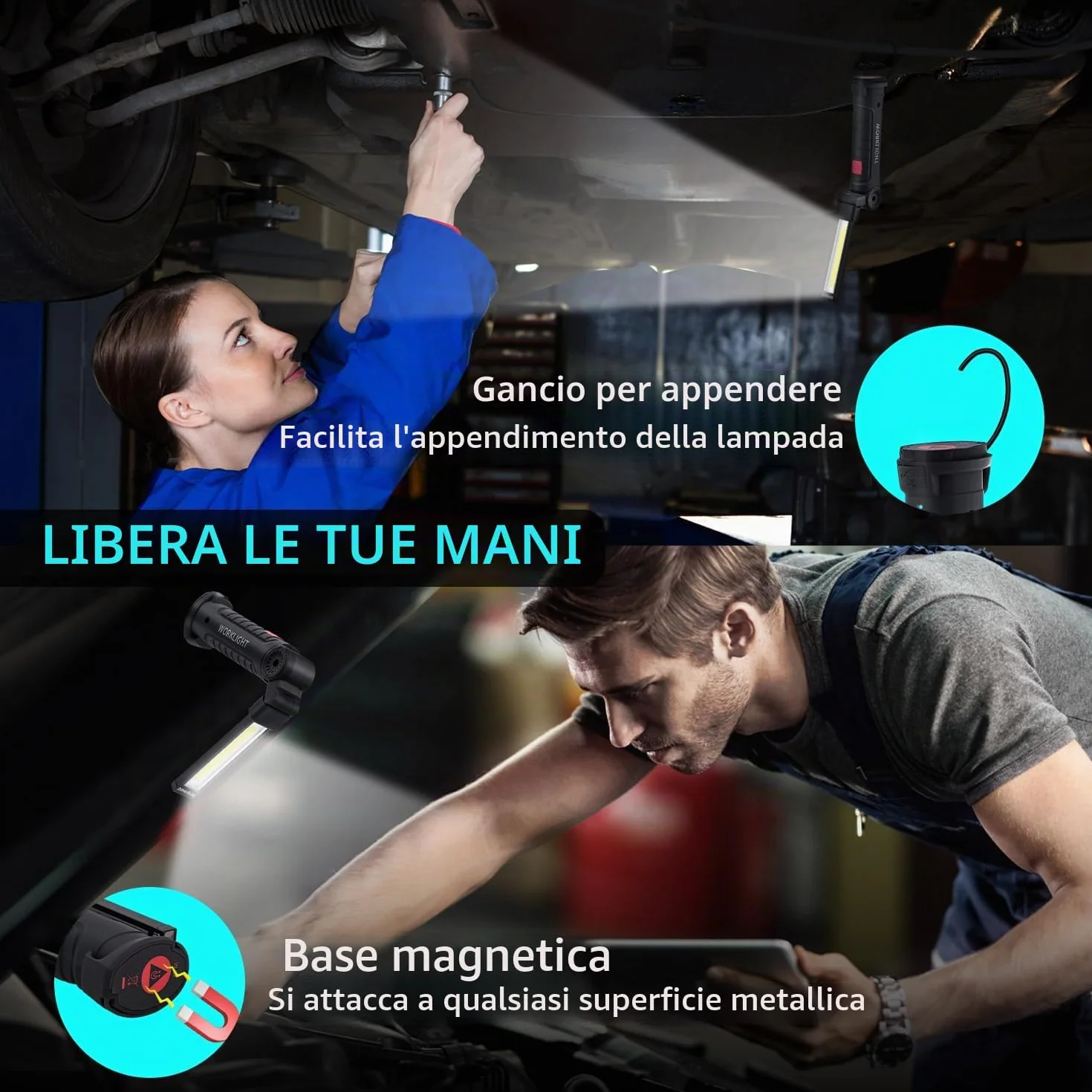 Torcia Magnetica Ricaricabile USB COB 5 Modalità Portatile con Gancio per Campeggio Esterna Autofficina