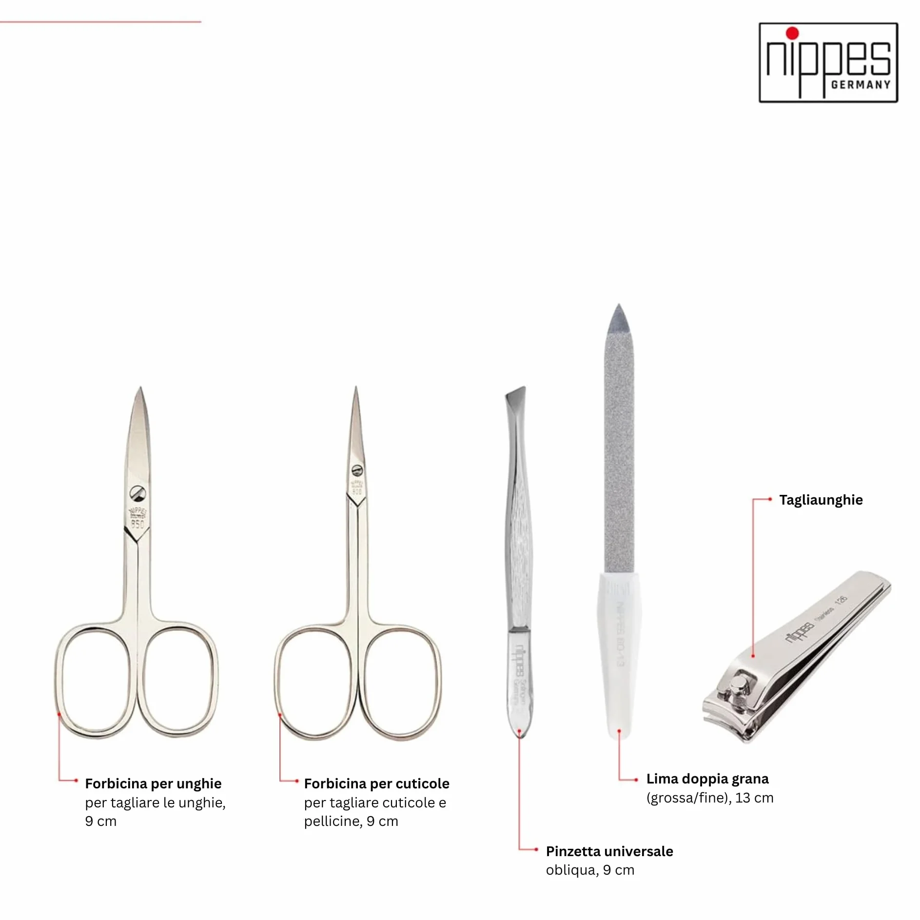 Nippes Solingen Manicure Set Vintage 5 Pezzi Astuccio Cuoio Bovino Antico Strumenti Nichelati Made in Germany