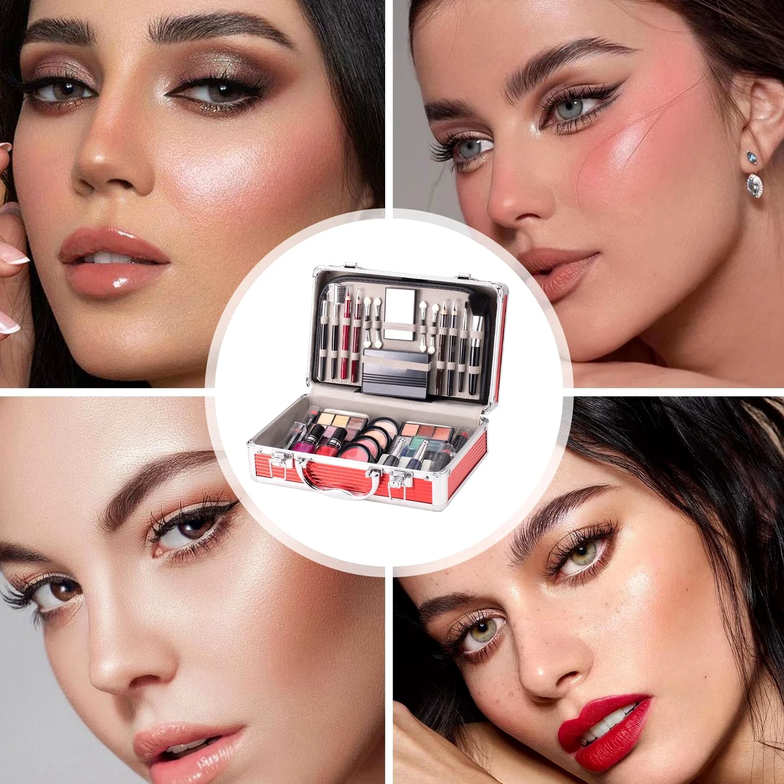 Set trucco per principianti, kit trucco per adolescenti | Set completo di cosmetici iniziali,Ombretto, fard, per sopracciglia, rossetto, smalto, pennello per sopracciglia con custodia